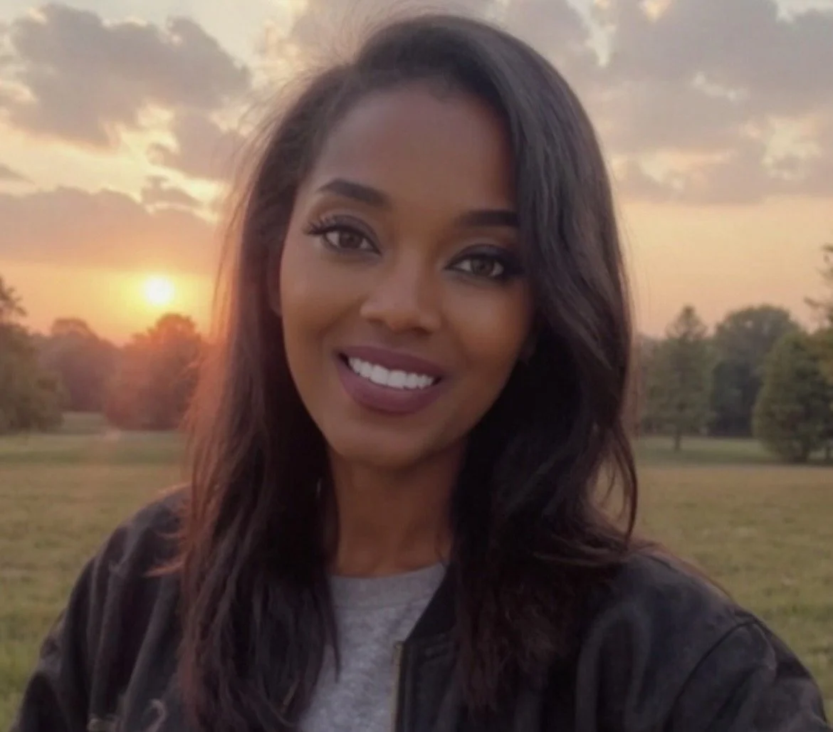 Smiling woman with dark hair and makeup outdoors during sunset, with trees in the background.