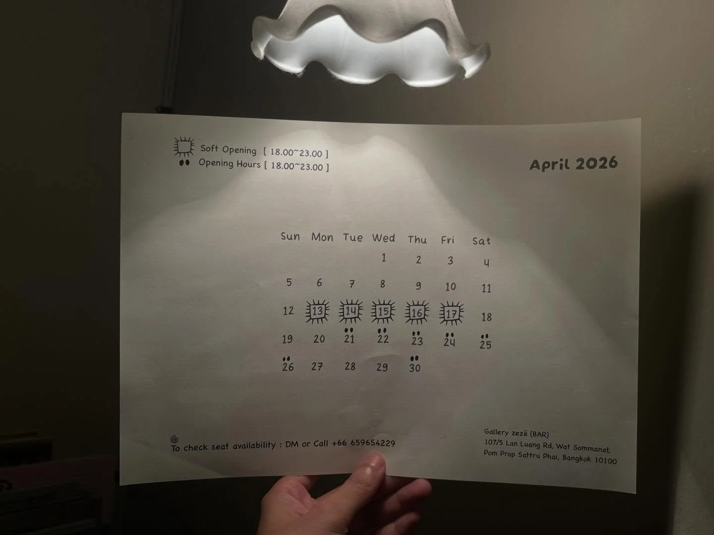 APRIL 2026 🍸 BAR OPENING HOURS 
. 
13/04 &bull; 18.00~23.00
14/04 &bull; 18.00~23.00
15/04 &bull; 18.00~23.00
16/04 &bull; 18.00~23.00
17/04 &bull; 18.00~23.00
18/04 &bull; close 
19-04 &bull; close 
20/04 &bull; close 
21/04 &bull; 18.00~23.00
22/0