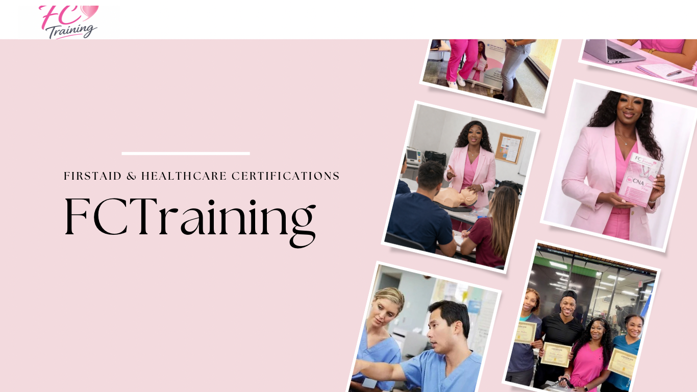 Collage of images related to healthcare training, including instructors teaching students, students receiving certificates, and individuals holding training materials, with a pink background and the logo 'FC Training' in the top left corner.