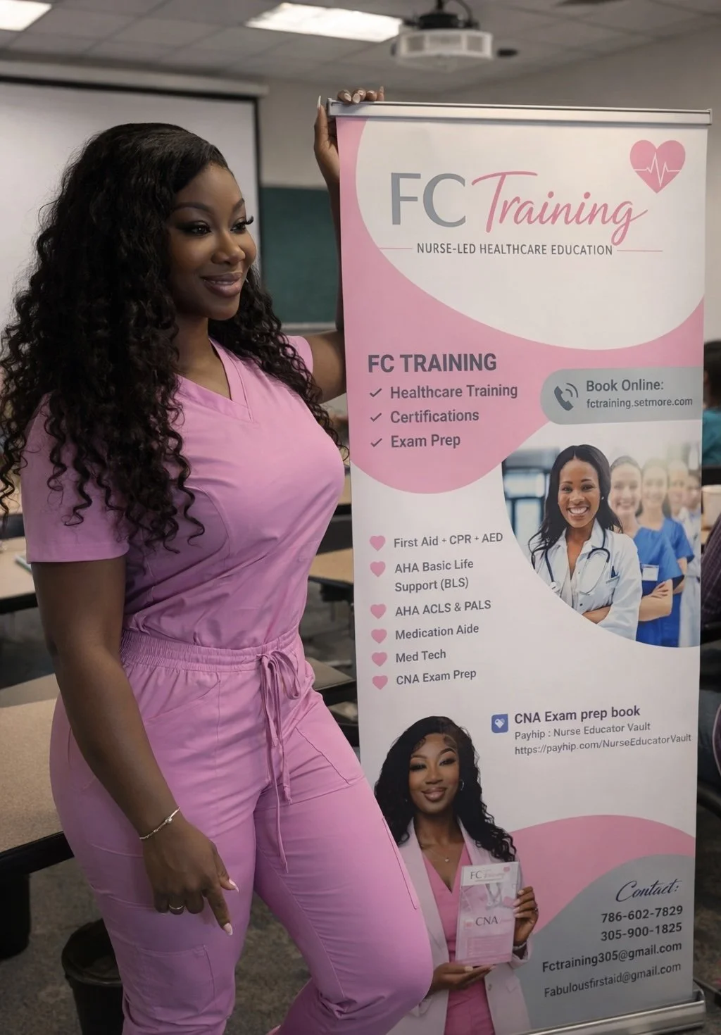 A woman in pink medical scrubs standing next to a promotional banner for FC Training, a nurse-led healthcare education organization, displaying services like healthcare training, certifications, and exam prep.