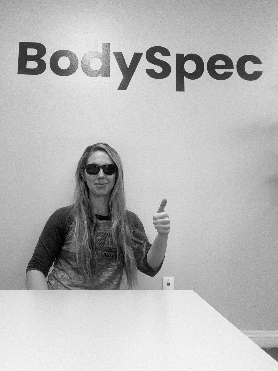 AllGreenLightsCEO pictured in front of the BodySpec sign at the April 1, 2026 DEXA scan.