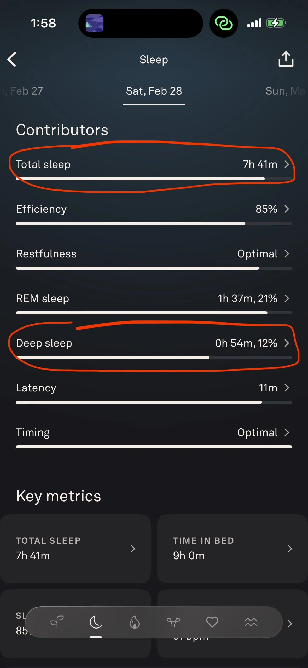 A screenshot of Oura Ring data from February 28, 2026, displaying the less desirable sleep score and 54 minutes of deep sleep.
