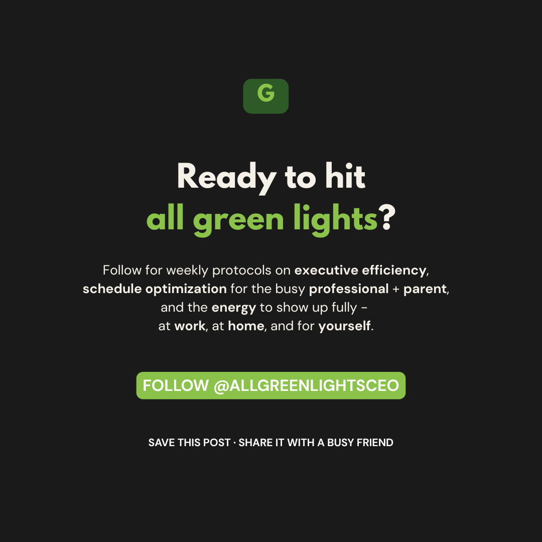 A call to action to join the All Green Lights CEO community for continued conversation on protocols to support executives and parents in midlife as they aim to care for work, families, and themselves