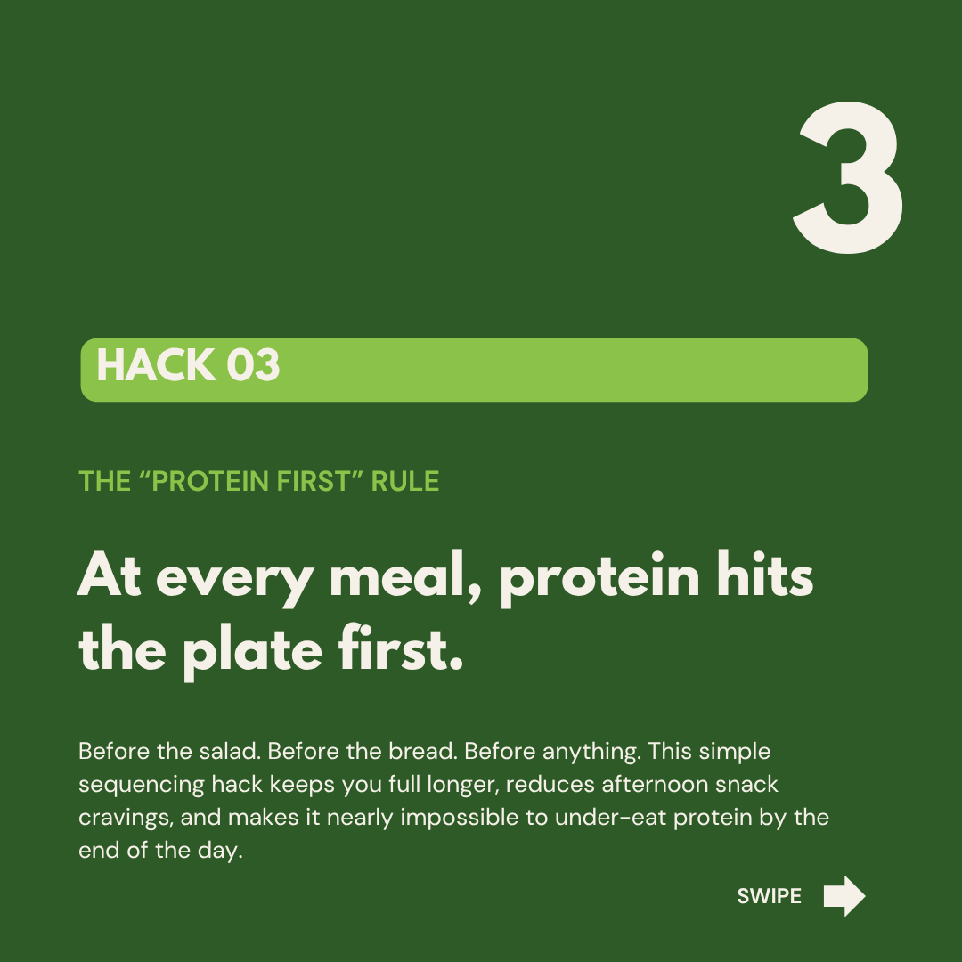 Hack three is that protein always hits the plate first
