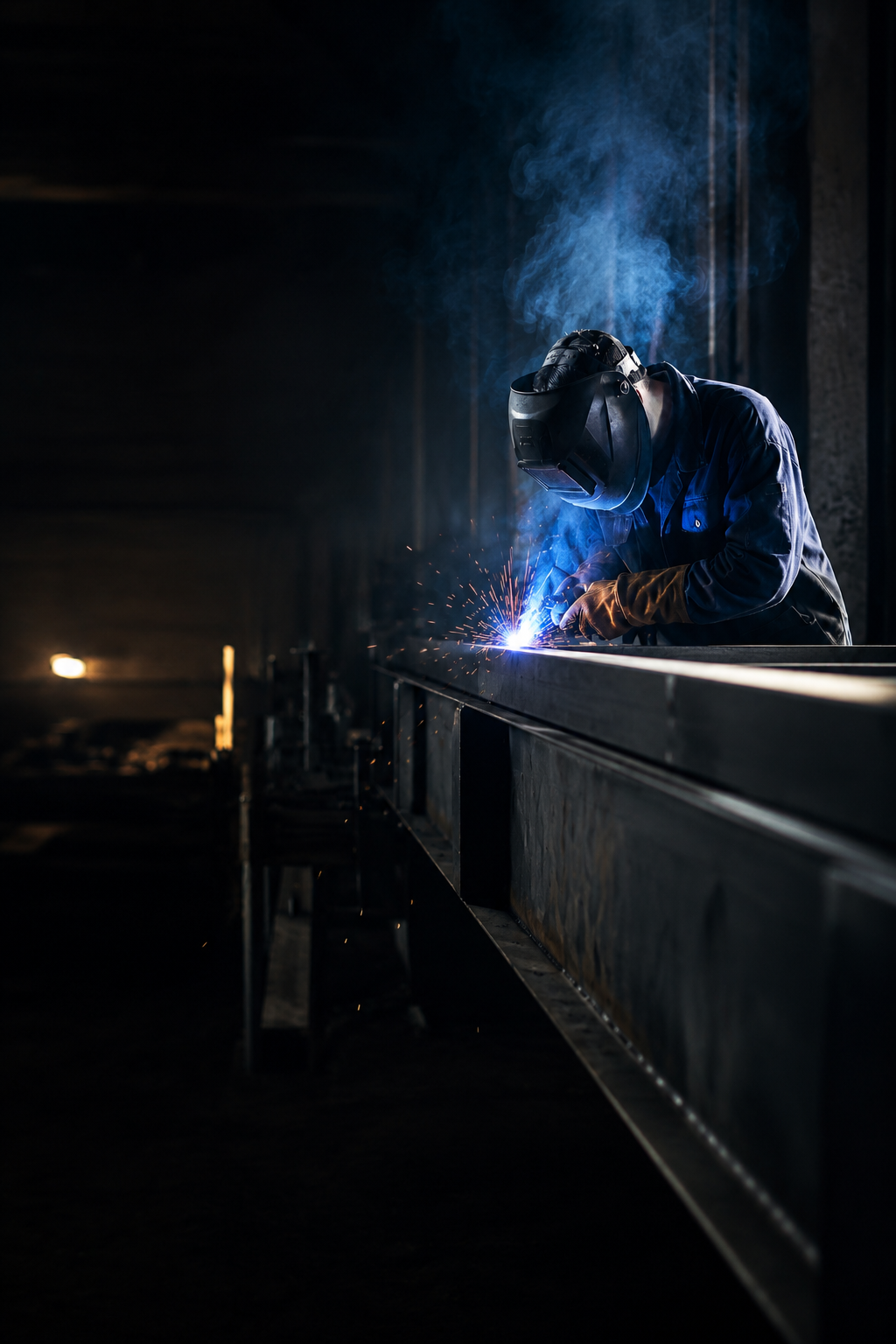 A worker welding metal in a dark industrial workshop, wearing protective gear including a welding helmet and gloves, with sparks and smoke visible.
