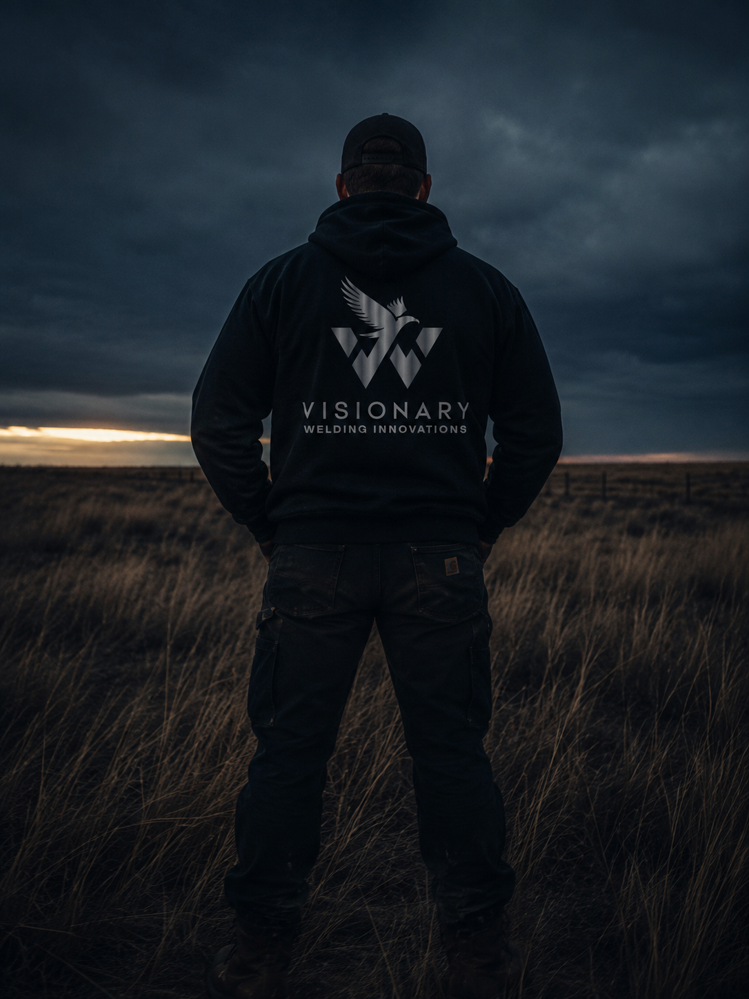 Man standing in a field under a dark, cloudy sky at sunset, wearing a black hoodie with "Visionary Welding Innovations" logo on the back.