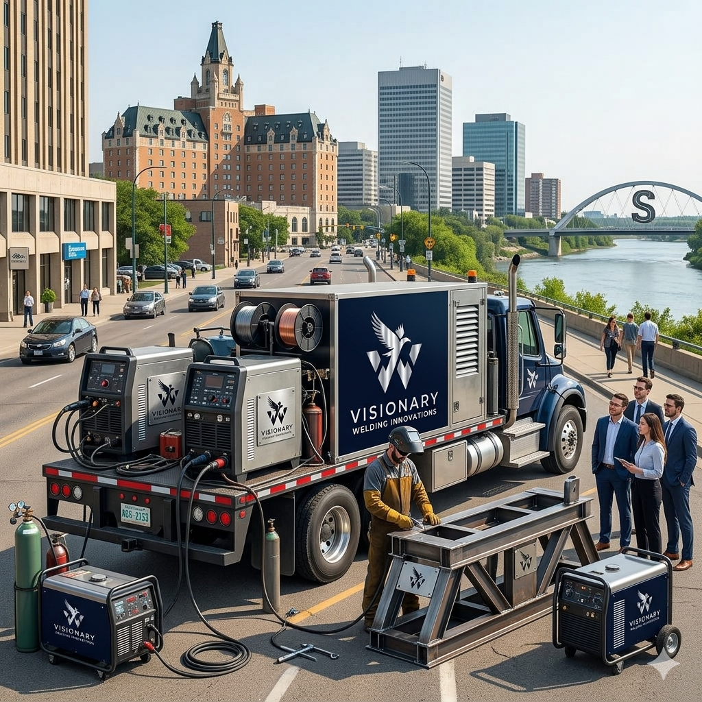 A mobile welding truck on a city street with a man welding and a group of business people observing, tall buildings, a river, and a bridge in the background.