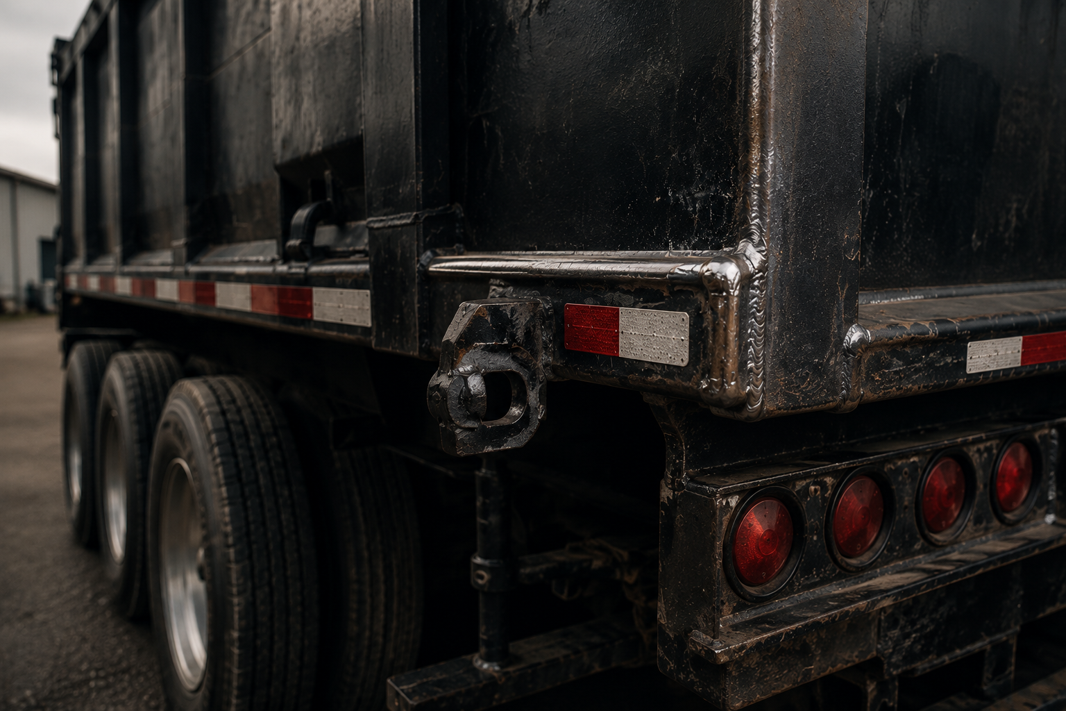 Close-up of the rear black metal trailer with red and white reflective tape, multiple red taillights, and tires visible on the ground.