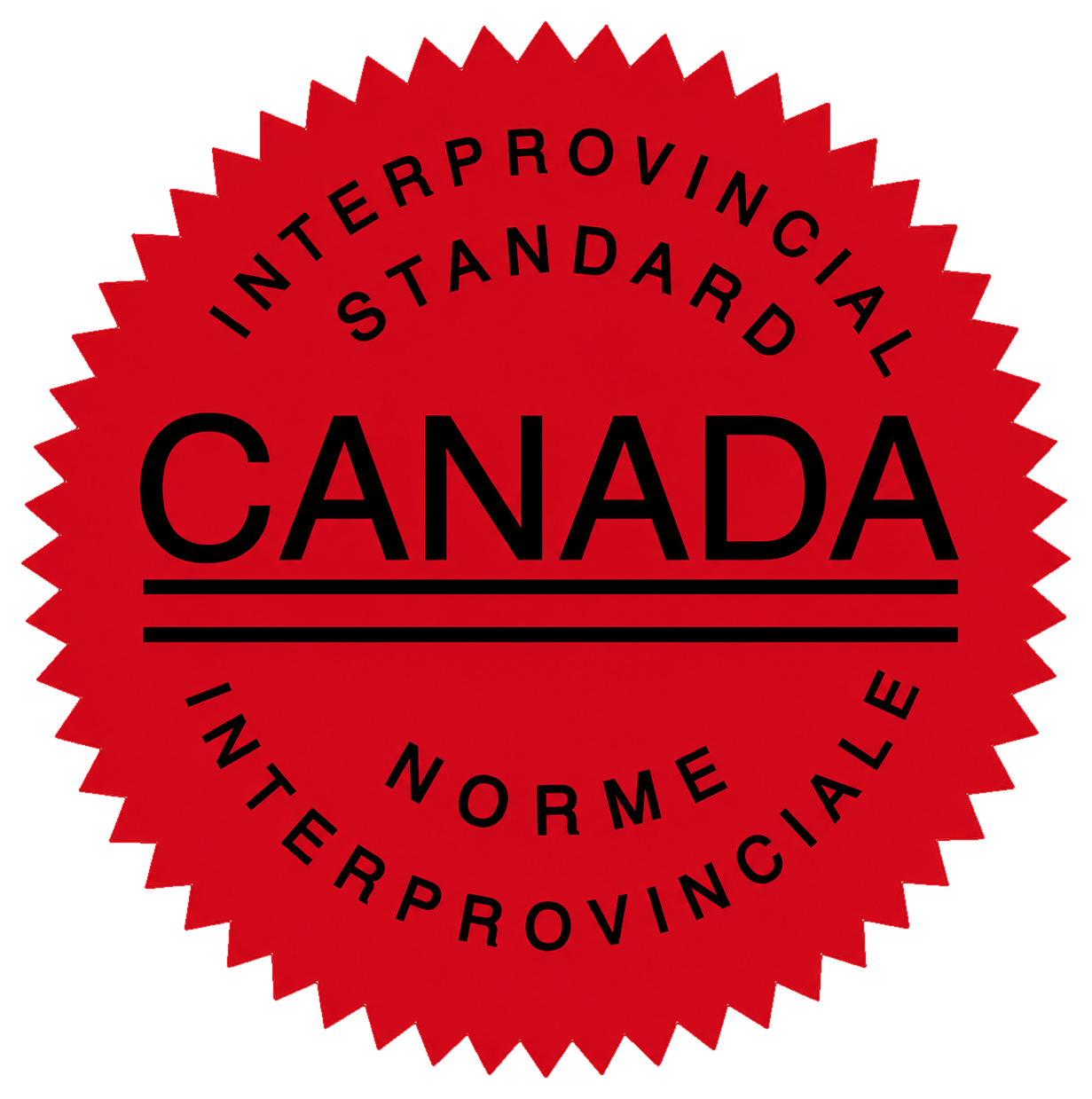 Red seal with black text stating it is an interprovincial standard for Canada, designed for internal use or export.