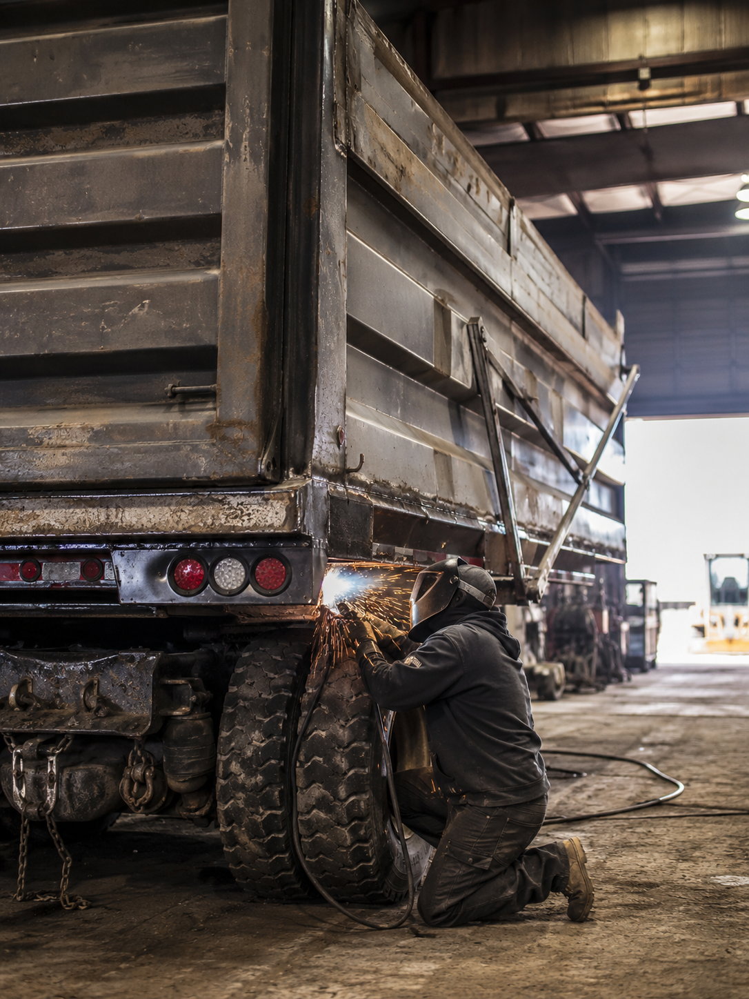 Worker welding the wheel of a large truck inside a garage or workshop.