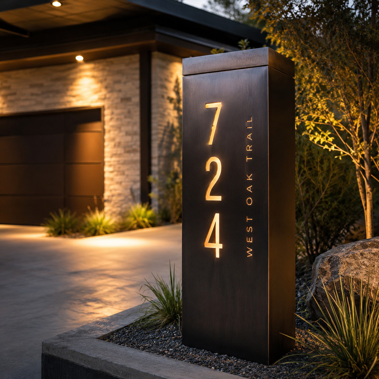 Outdoor modern house address sign at twilight, displaying 724 West Oak Trail, with a house and landscaping in the background.
