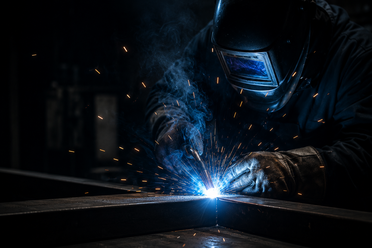 A person welding metal with sparks flying in a dark environment.