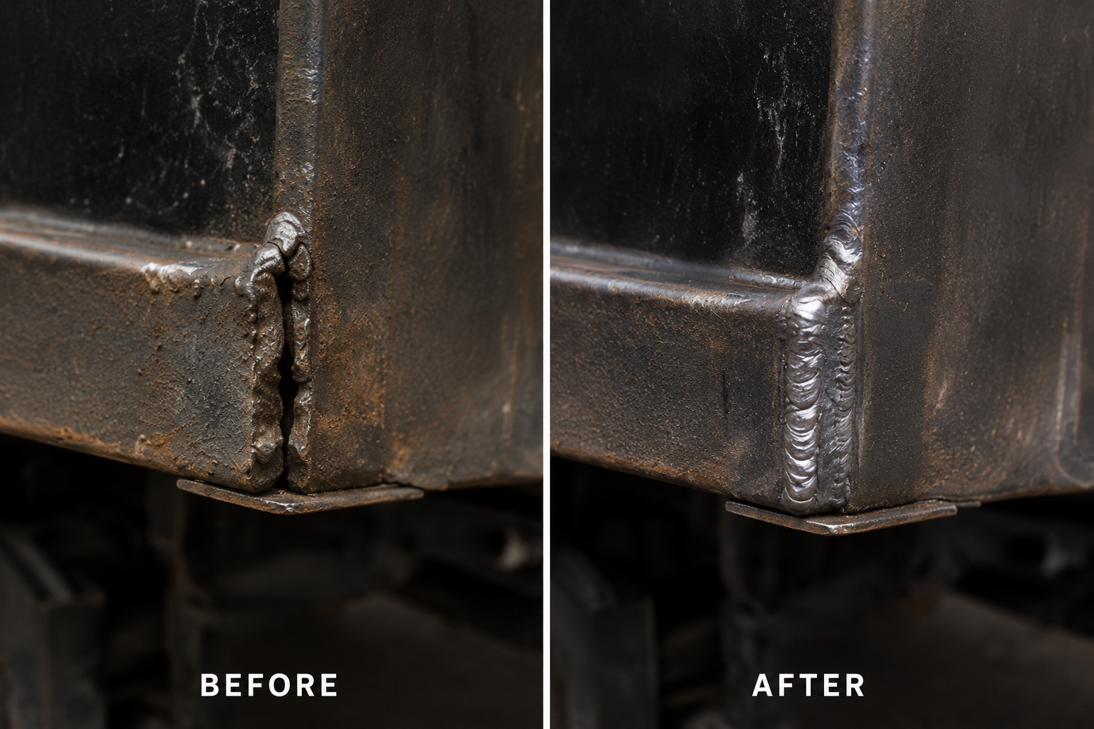 Close-up of a metal corner joint showing rust and corrosion in the "before" side, and a repaired, welded joint in the "after" side.