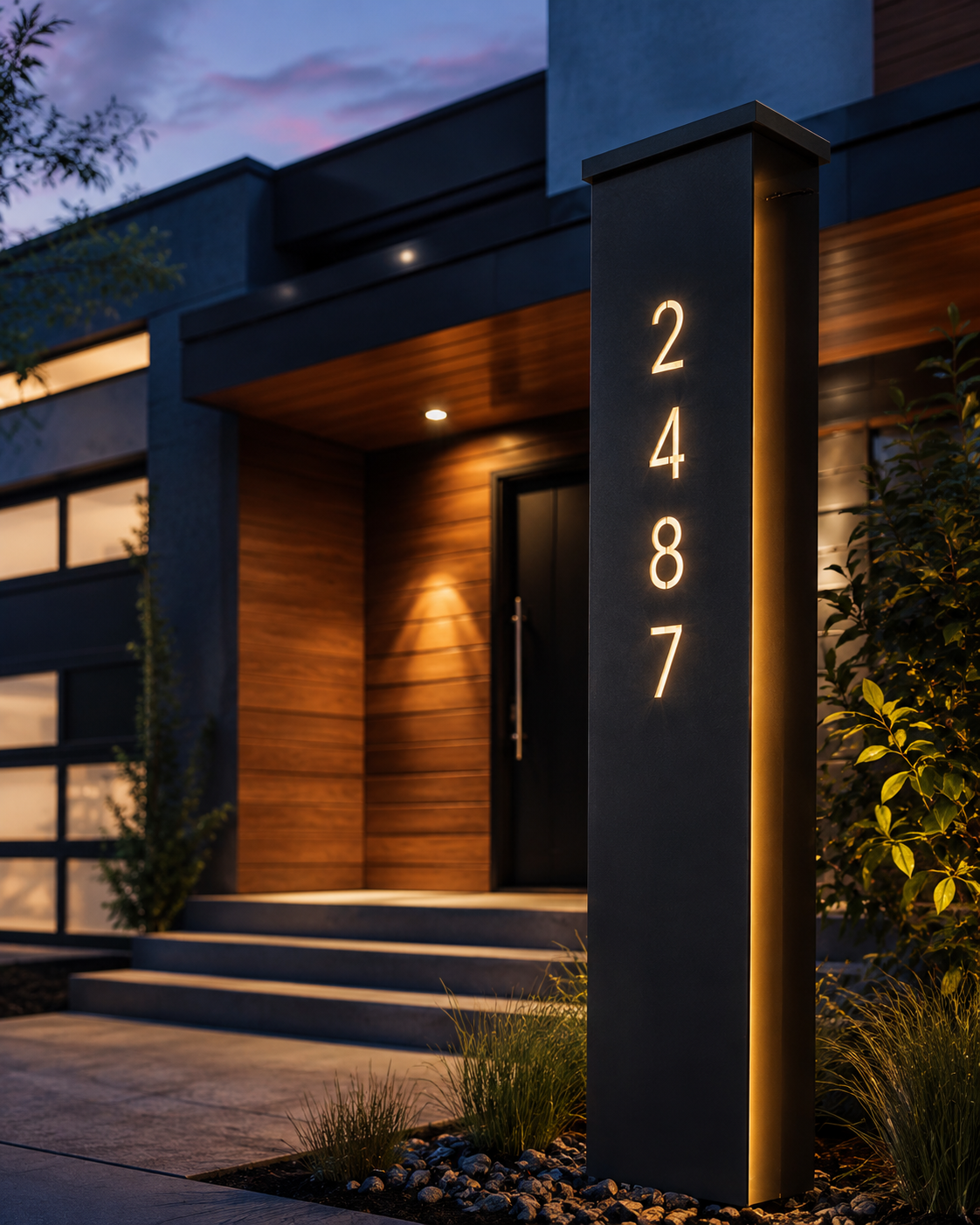 Custom illuminated steel address pillar