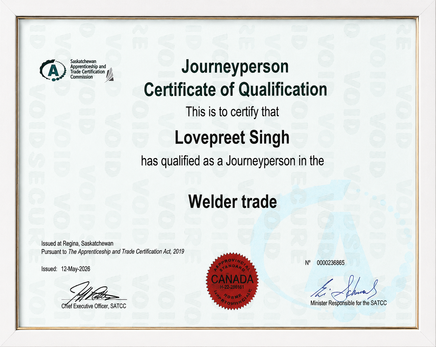 Certificate of Qualification issued by Saskatchewan Apprenticeship and Trade Certification Commission to Lovpreet Singh for the welder trade, issued in Regina, Saskatchewan on May 12, 2026, with a red province of Canada emblem.