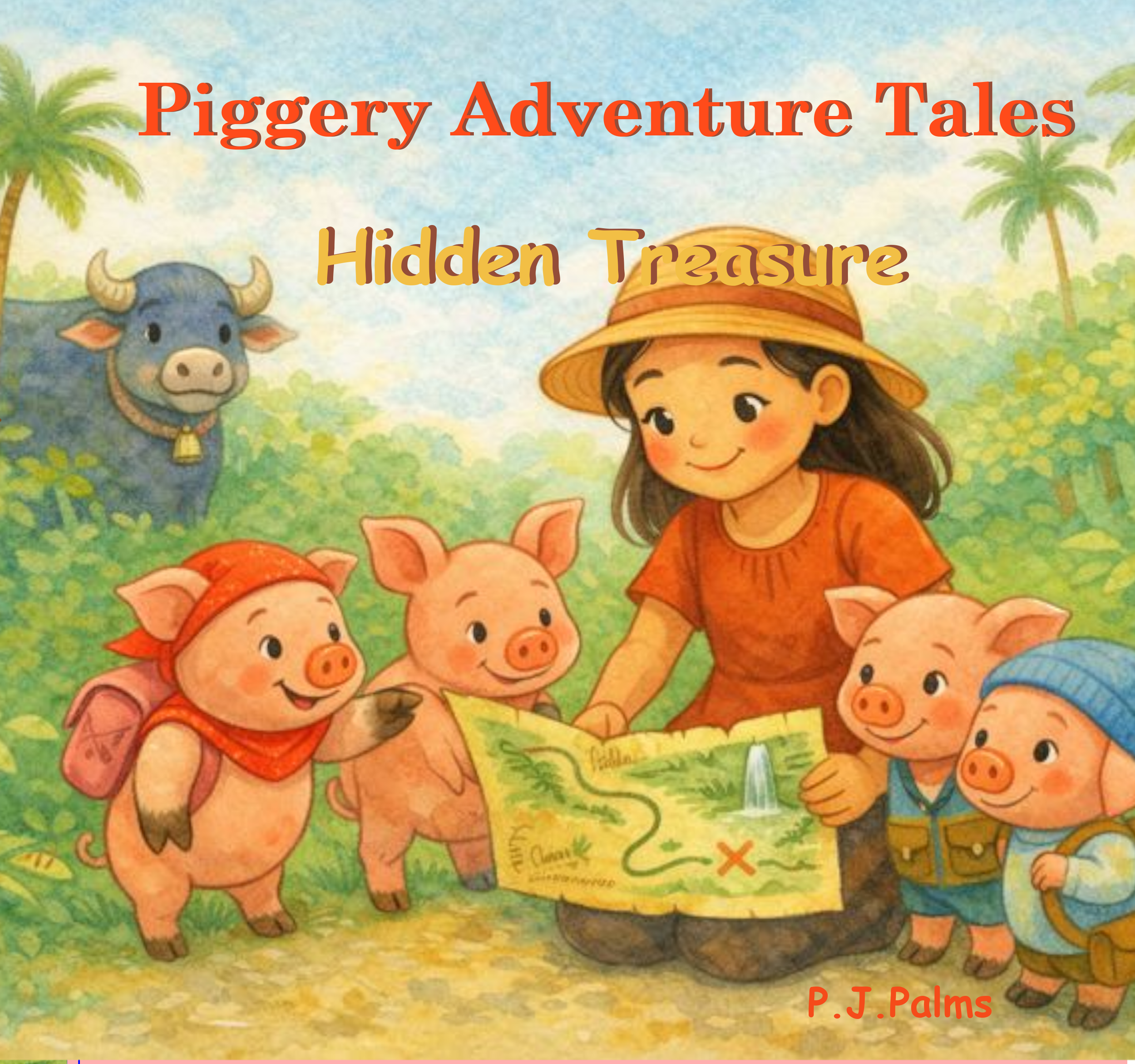 Cover of "The Hidden Treasure" by P.J. Palms featuring Juliet and her friends discovering that the greatest treasures are family, friendship, and shared memories.
