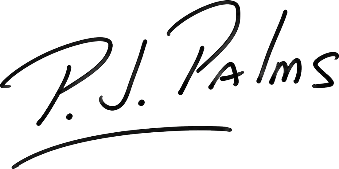 Signature of P.J. Palms, author of the Piggery Adventure Tales children's book series.