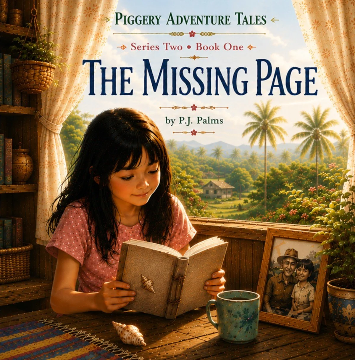 Cover of The Missing Page, a Piggery Adventure Tales book by P.J. Palms, featuring Juliet discovering an old diary that begins an unforgettable adventure.