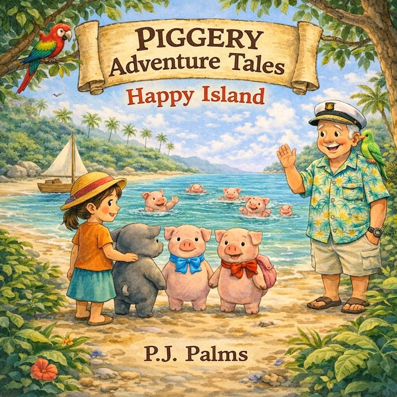 Cover of Happy Island, a Piggery Adventure Tales book by P.J. Palms, featuring Juliet and Captain Al discovering the joy of friendship, community, and island adventures.