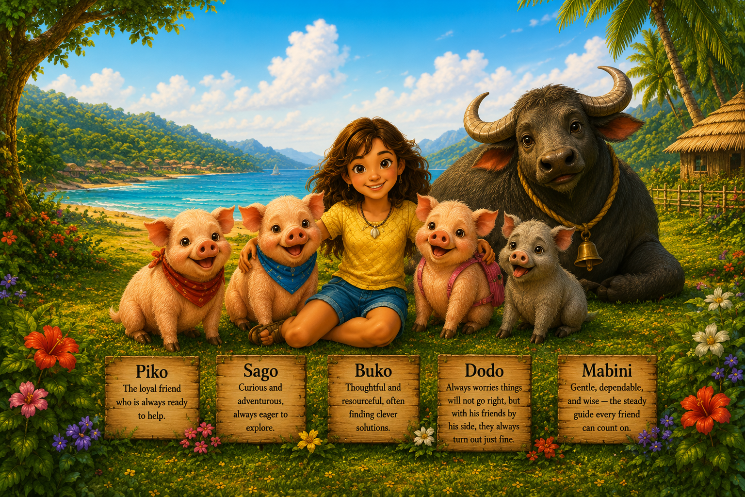 Illustration of Juliet with Piko, Sago, Buko, Dodo, and Mabini in a tropical Philippine landscape introducing the characters of Piggery Adventure Tales.