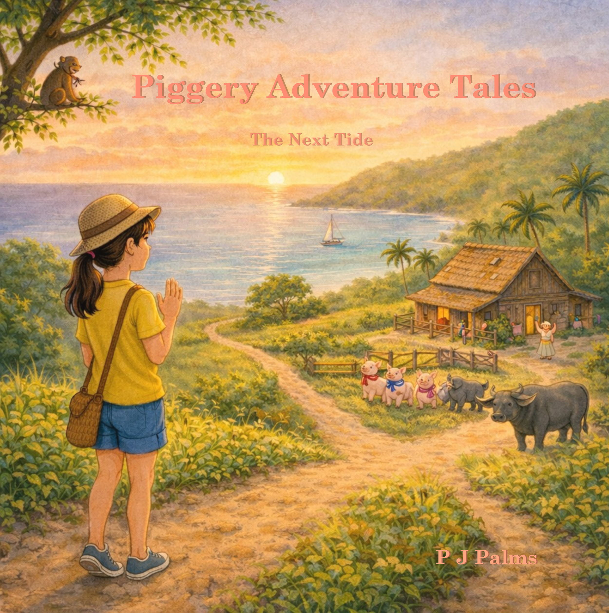 Cover of The Next Tide, a Piggery Adventure Tales book by P.J. Palms, featuring Juliet overlooking her tropical Philippine village as she looks forward to a new adventure.