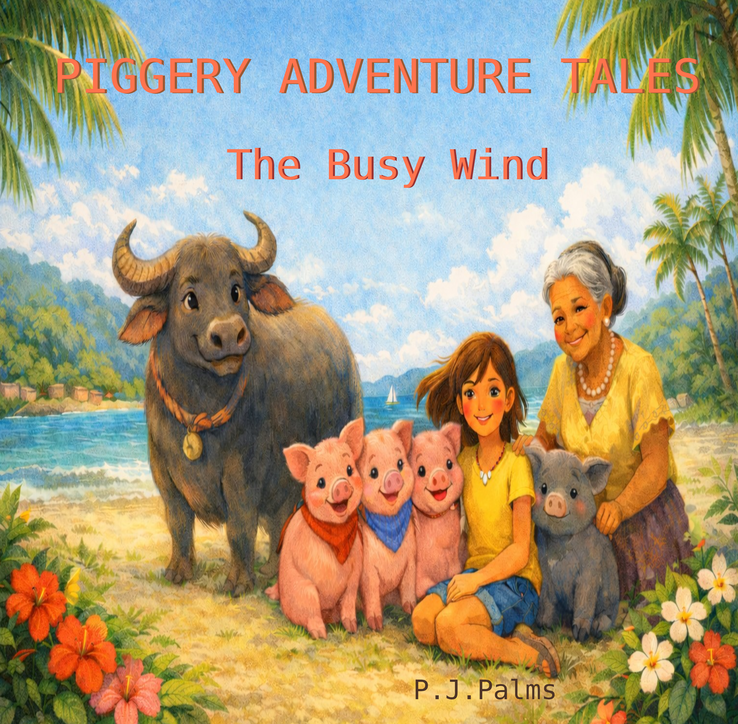 Cover of  "The Busy Wind" by P.J. Palms featuring Juliet, Mabini, and friends, celebrating teamwork, helping others, and working together in the tropical Philippines.
