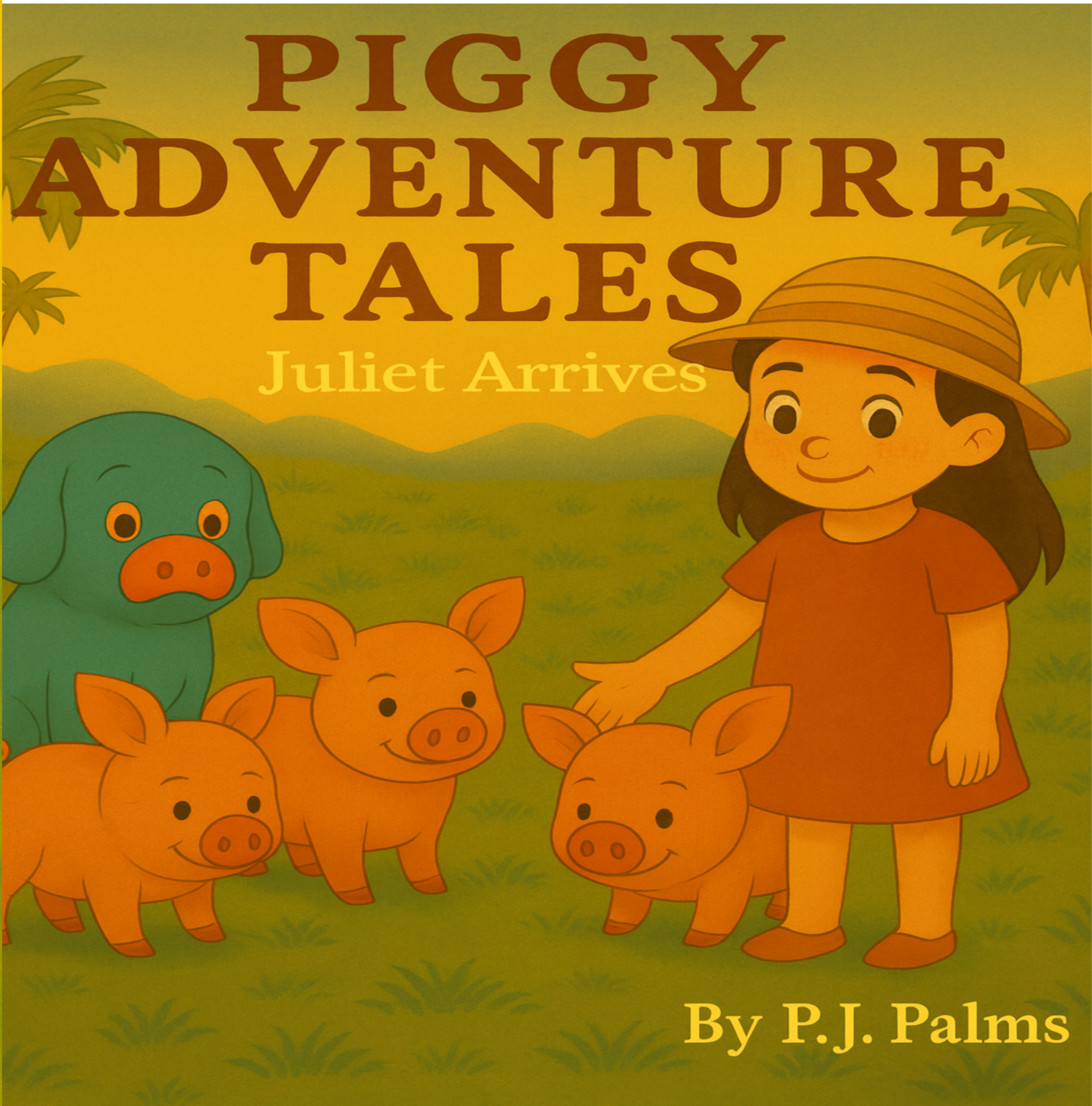 Cover of Piggery Adventure Tales by P.J. Palms featuring Juliet with Piko, Sago, Buko, and Dodo in the tropical Philippines, introducing a children's series about friendship, family, and adventure.