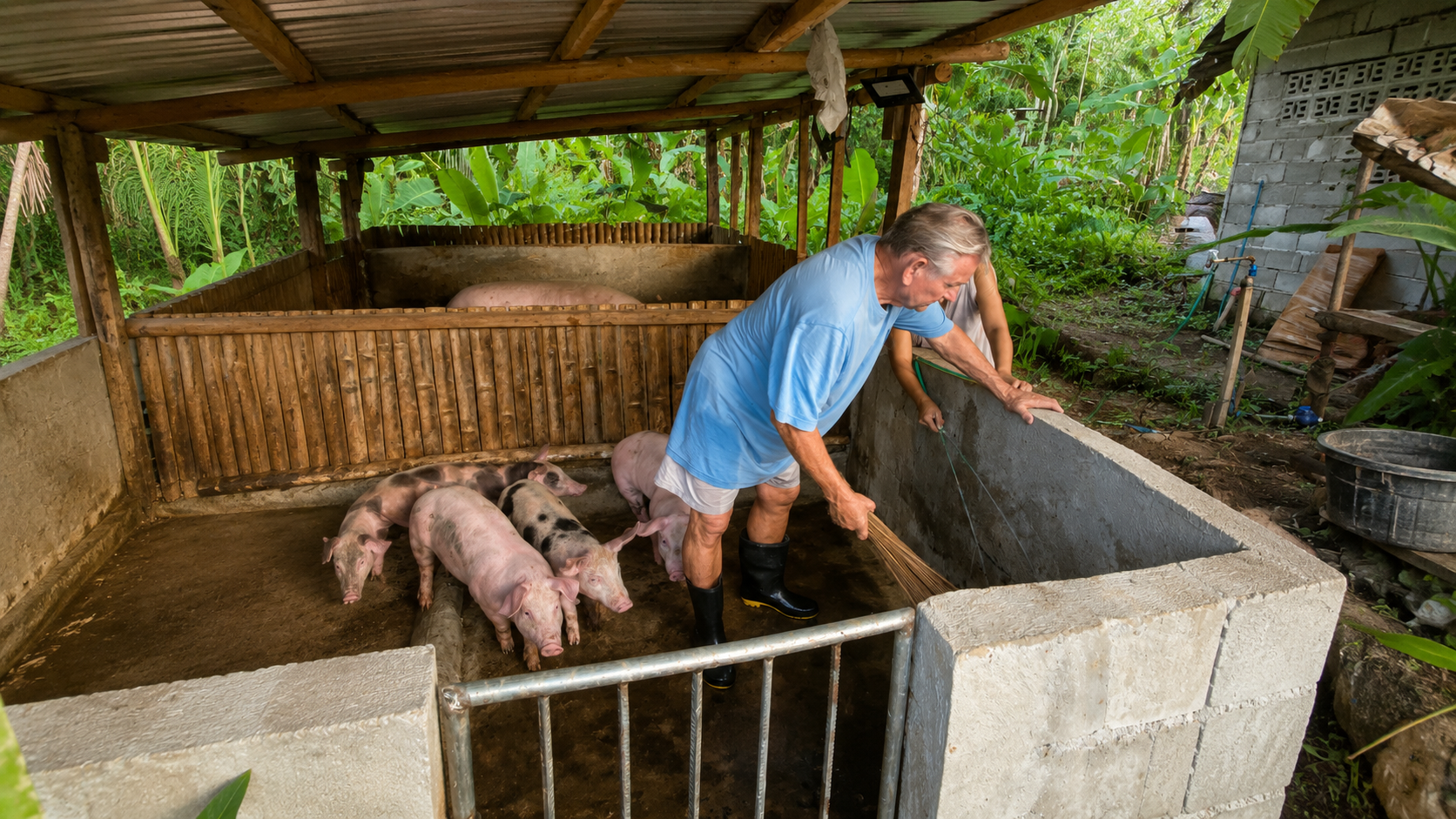 Real-life inspiration for Lolo and Juliet caring for piglets on a family farm in the Philippines, the heart behind Piggery Adventure Tales.