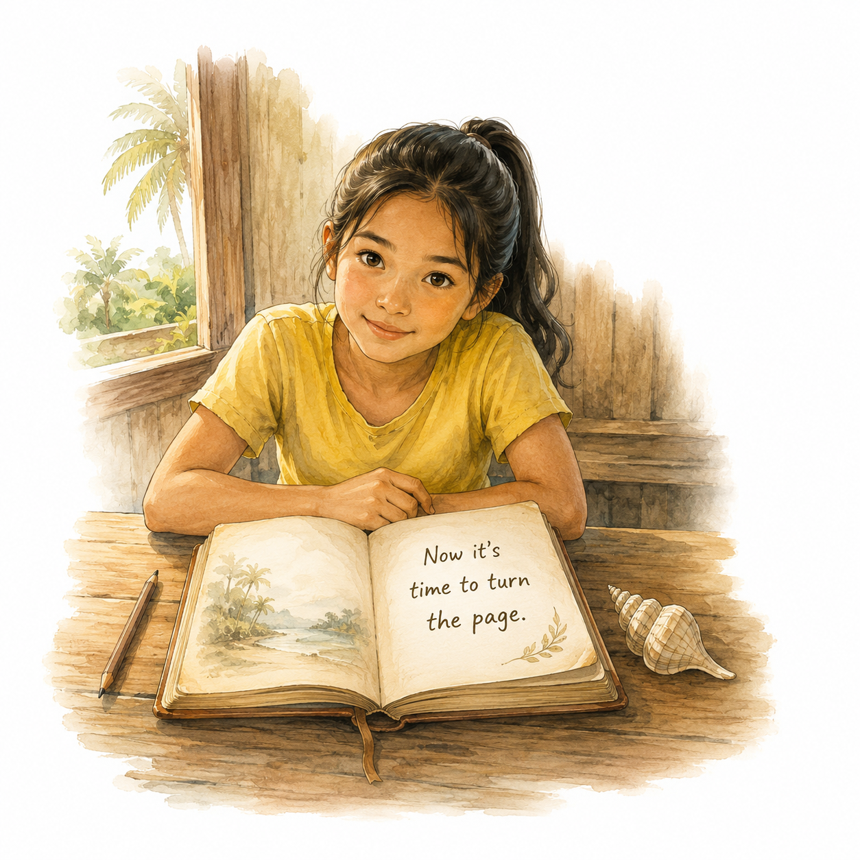 Juliet reading Lolo's adventure diary at her desk with a seashell nearby, introducing the world of Piggery Adventure Tales.