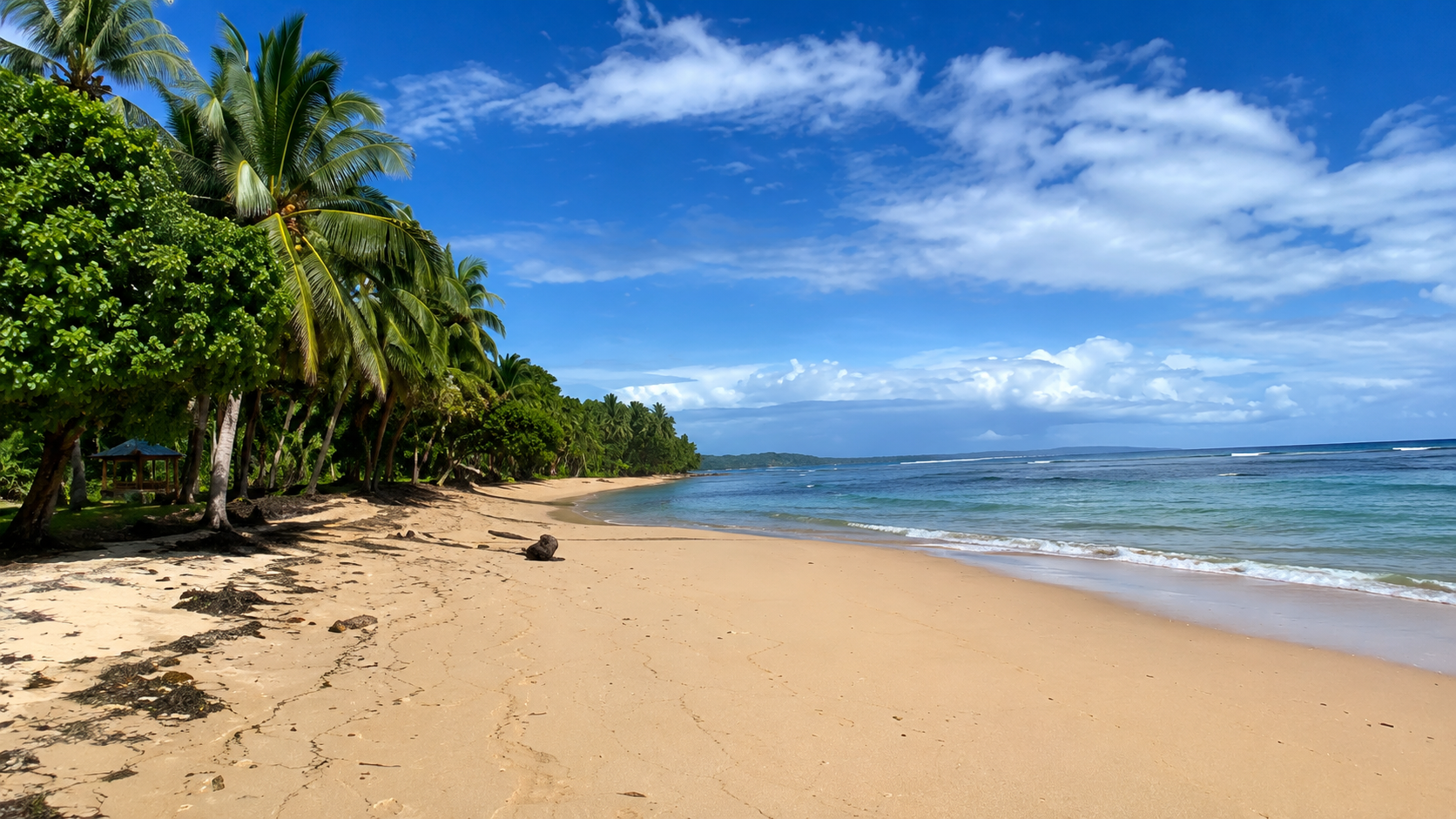 Tropical beach in the Philippines with white sand, turquoise water, palm trees, and traditional boats, showcasing the real-world inspiration for Piggery Adventure Tales.
