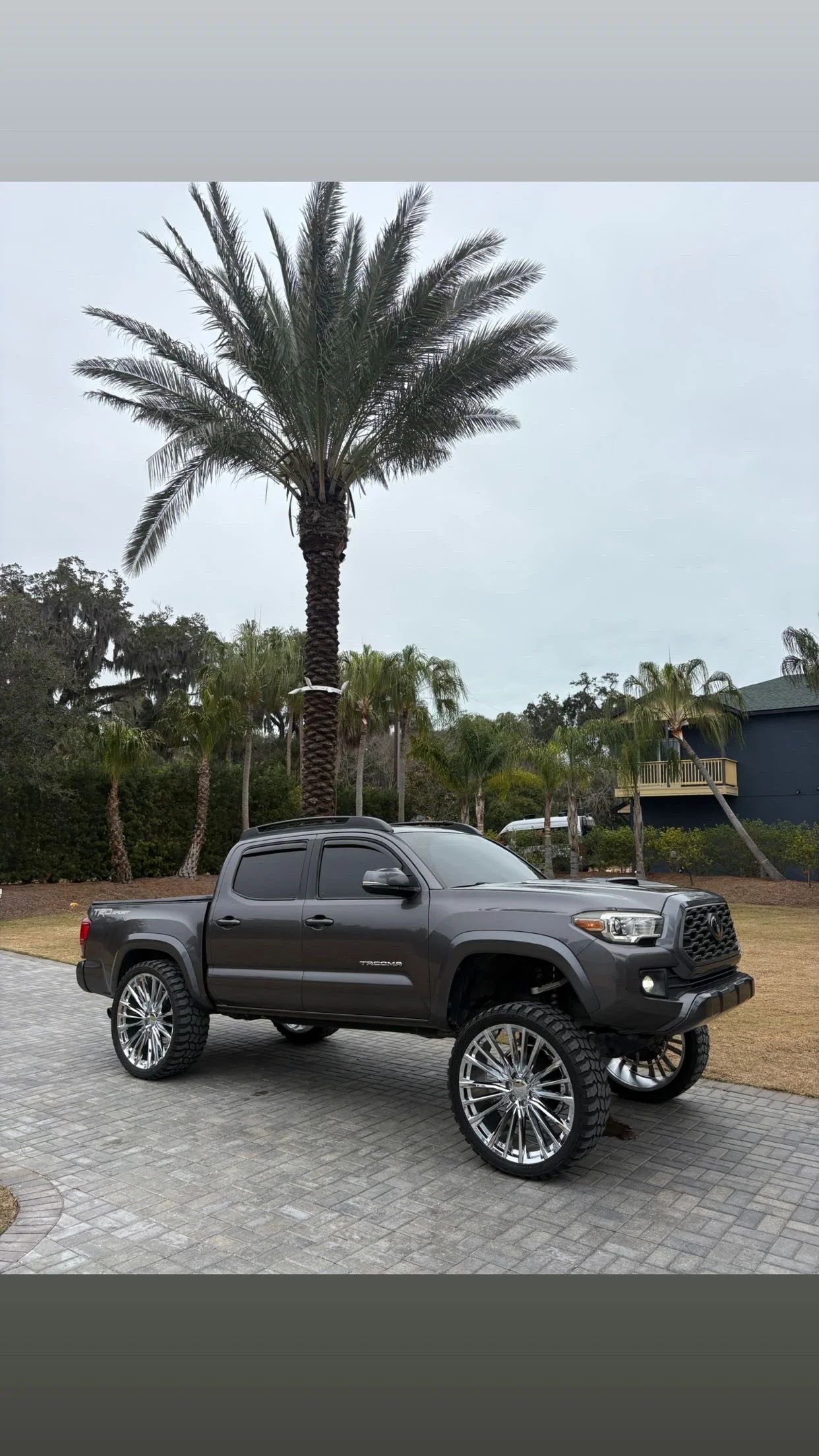 A black Toyota Tacoma pickup truck with oversized chrome wheels parked in a residential driveway. In the background, there is a tall palm tree, other smaller trees, and a house with a balcony, all under an overcast sky.