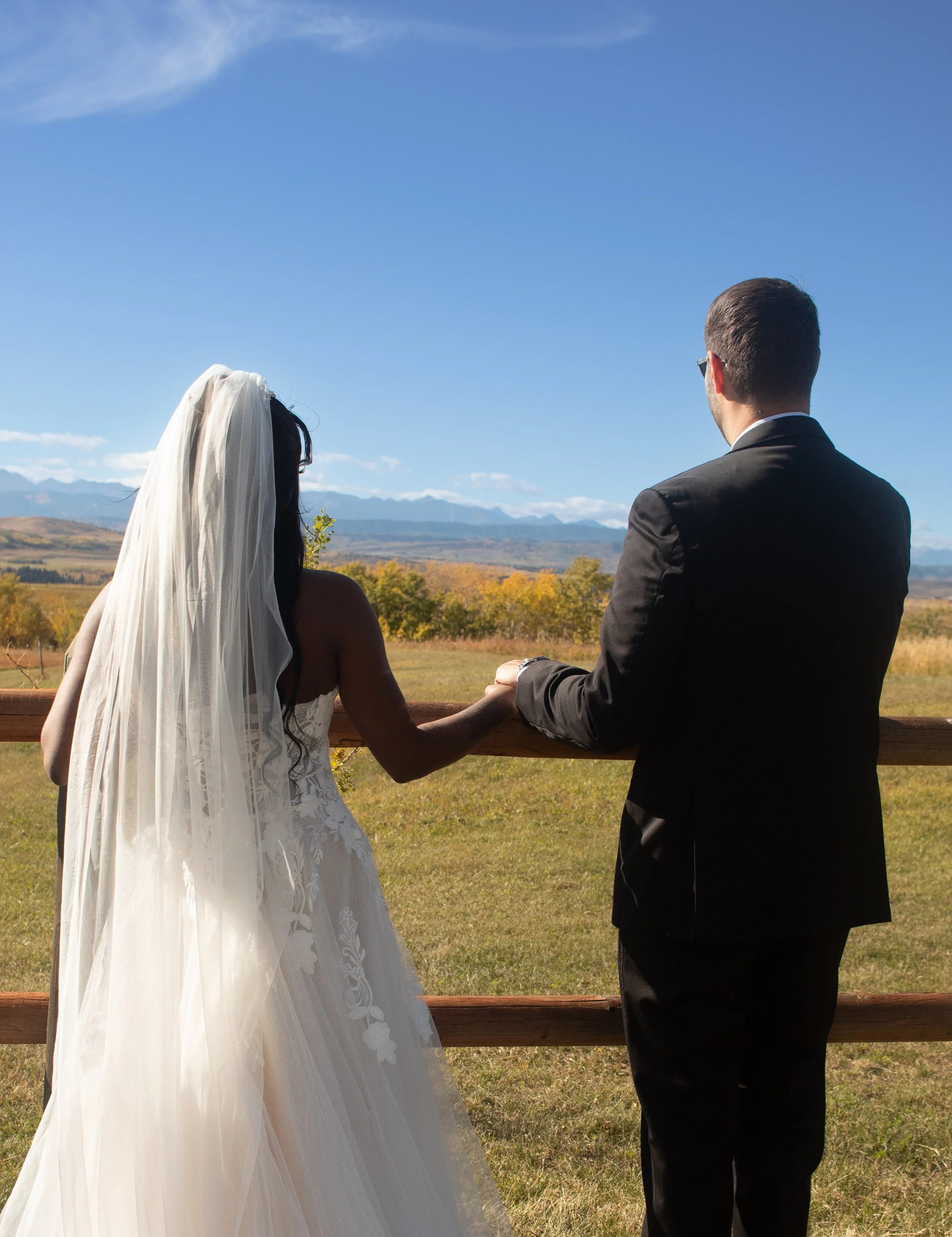 A bride and groom holding hands outdoors, facing away, with scenic mountains and blue sky in the background.