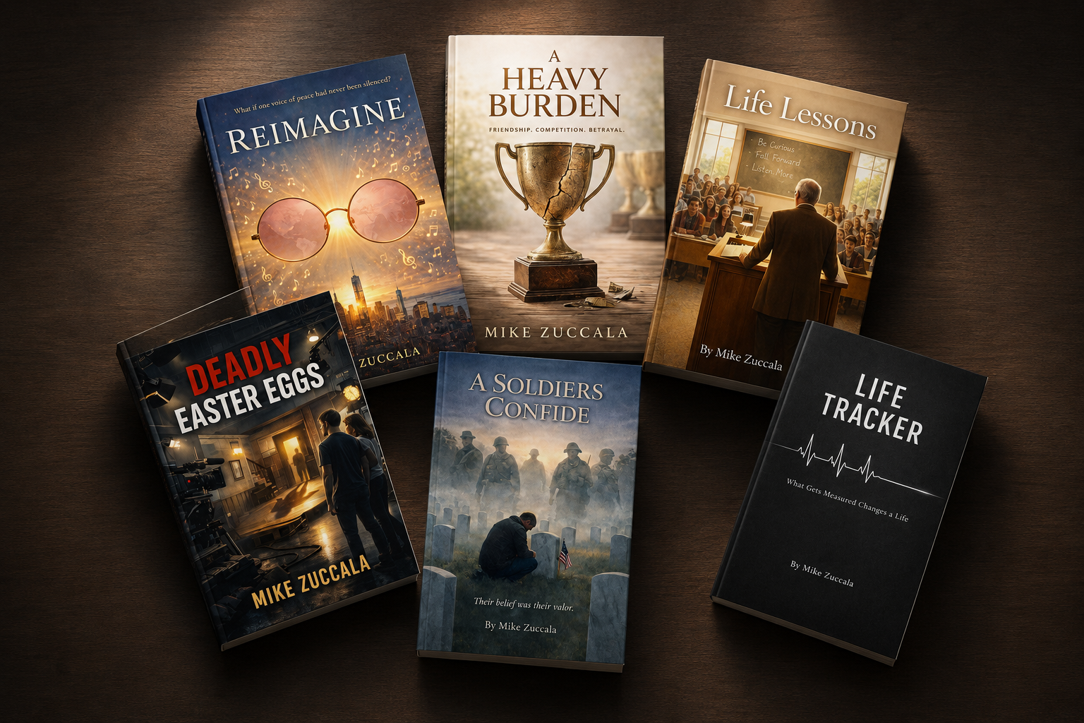 Seven books spread out on a wooden surface, including titles like "Reimagine," "A Heavy Burden," "Life Lessons," "Deadly Easter Eggs," "A Soldiers Confide," "Life Tracker," with various cover designs and imagery.