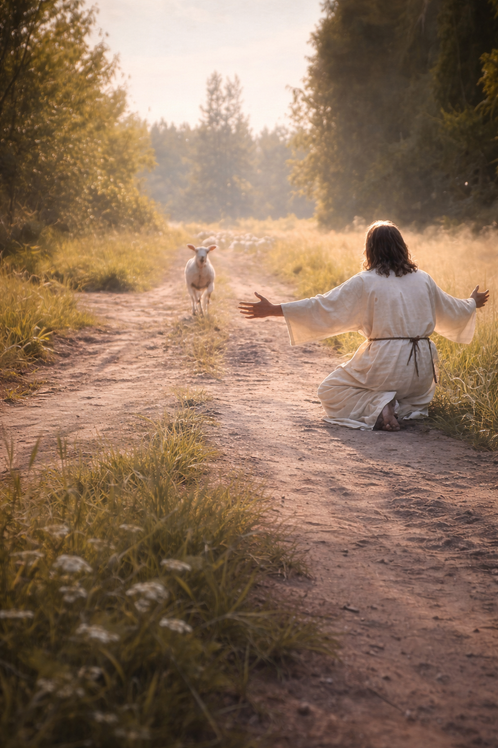 A person with long dark hair, wearing a white robe, kneels on a dirt path with arms outstretched towards a sheep, in a natural outdoor setting with trees and grass at sunrise or sunset.