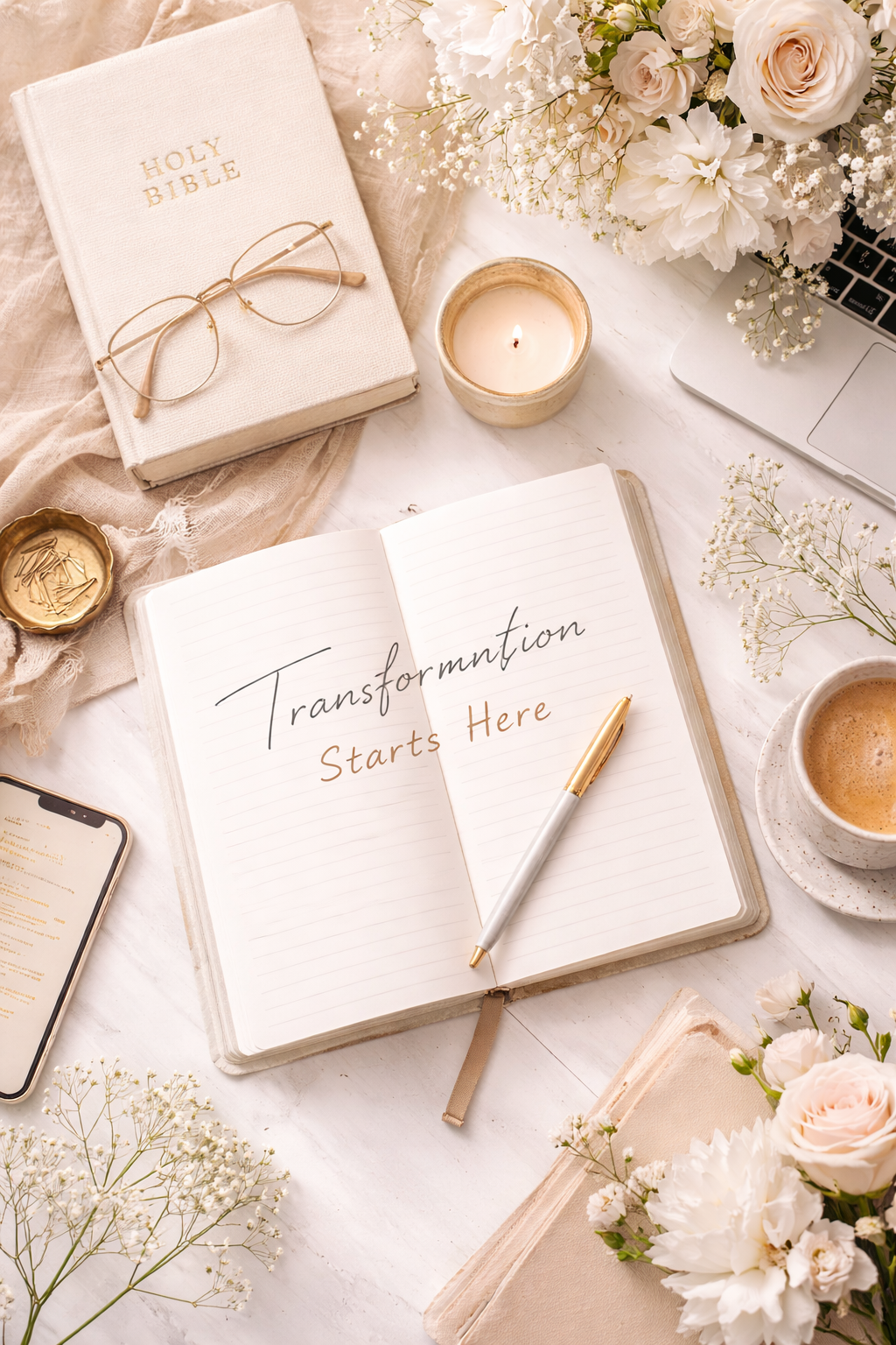 Open journal with the words "Transformation Starts Here" written inside, surrounded by a cup of coffee, a candle, a Bible with glasses on top, a laptop, a smartphone, flowers, and a pen on a white surface.