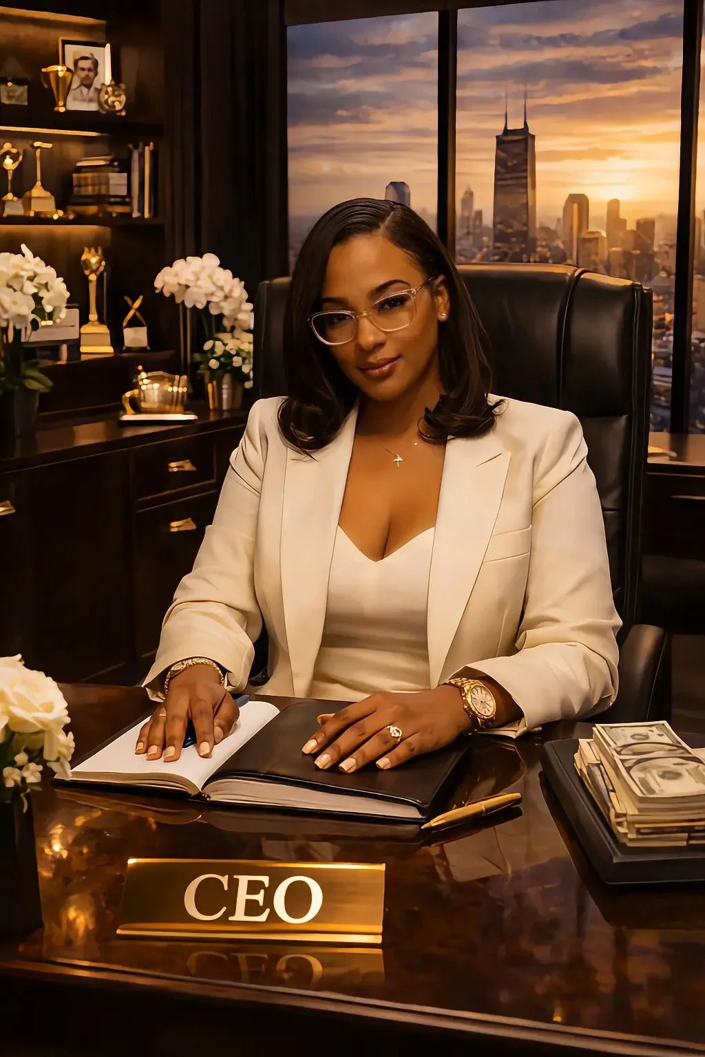 A woman sitting at a desk with a 'CEO' nameplate, inside an office with city skyline view at sunset. She is dressed in a beige blazer and white top, wearing glasses, a watch, and jewelry, with a folder and stacks of cash on the desk.