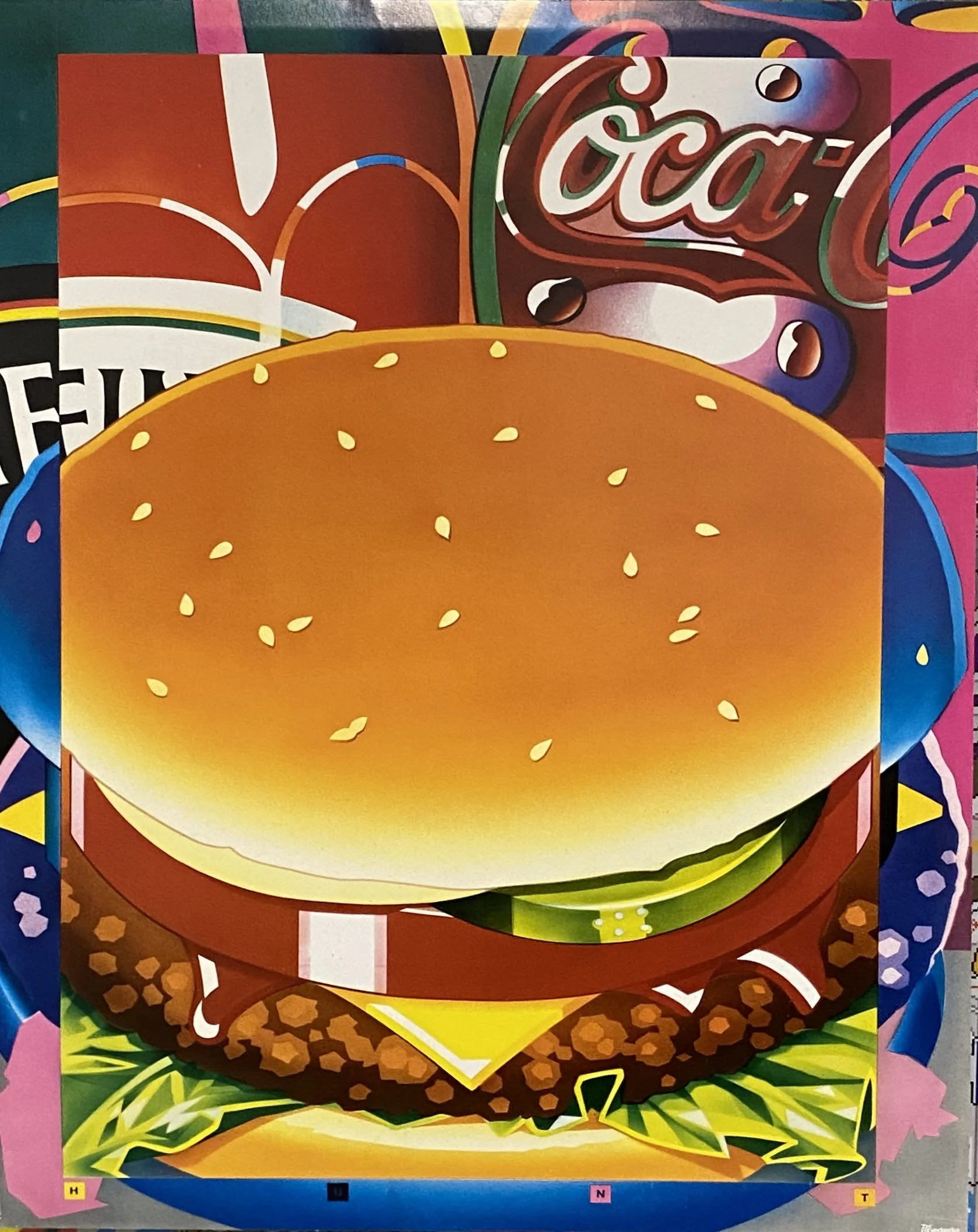 Colorful illustration of a burger with sesame seed bun, lettuce, cheese, a patty, and various toppings, with bright background designs.