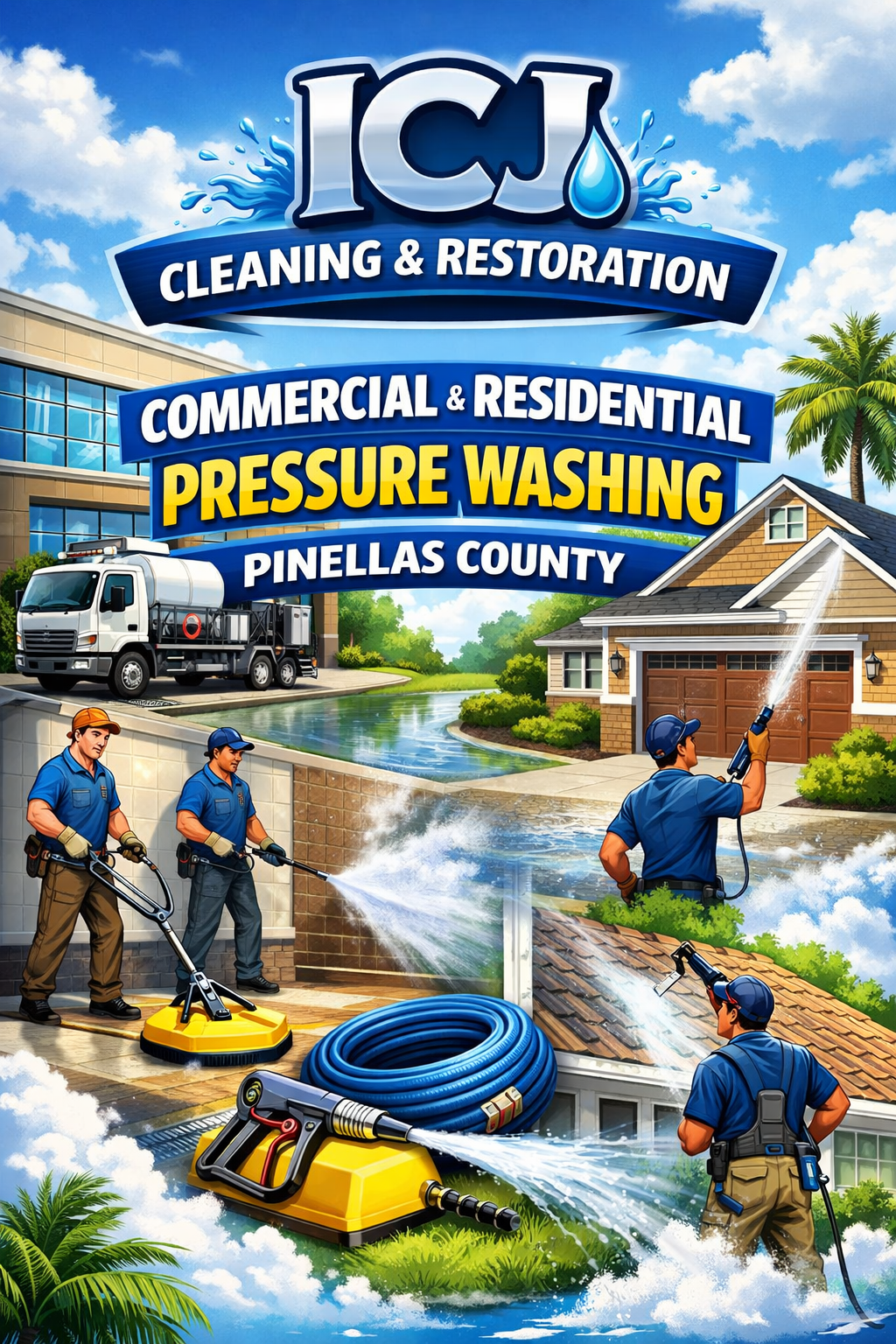 Illustration of ICJ Cleaning & Restoration services, featuring commercial and residential pressure washing in Pinellas County. Includes workers spraying water on a house, a water truck, and cleaning equipment.
