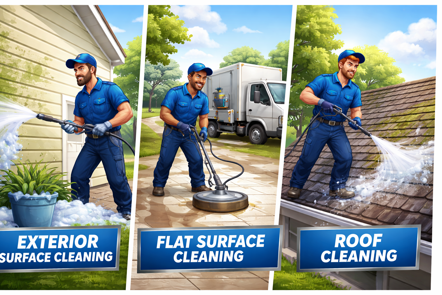illustration of a man cleaning different outdoor surfaces: washing a house exterior, pressure washing a walkway, and cleaning a roof with a hose, with labels for each type of cleaning.