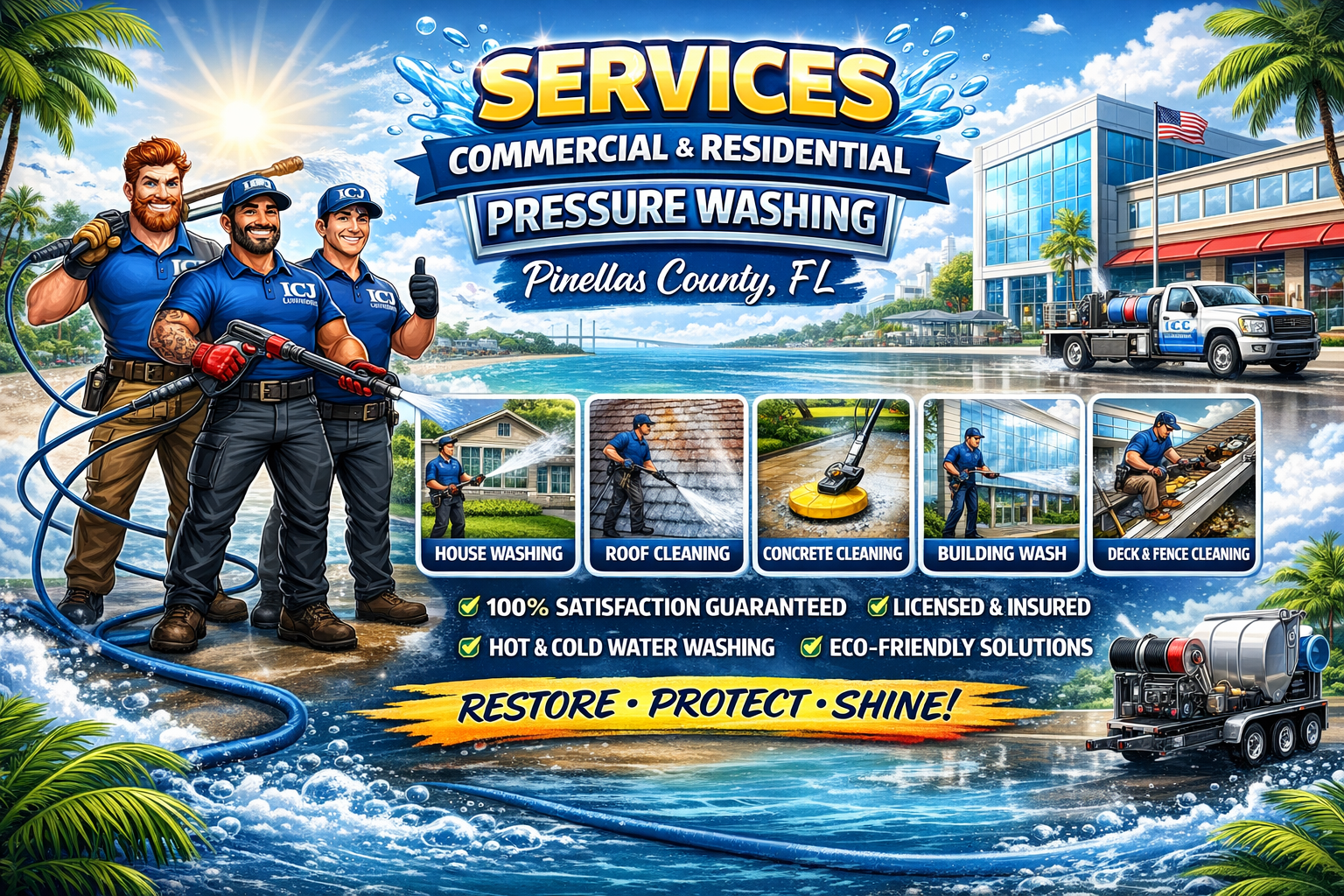 Police officers in blue uniforms cleaning a building with a water hose, promoting a commercial and residential pressure washing service in Pinellas County, Florida. The image features a background of a waterfront scene with palm trees, a modern building, and a truck, along with smaller images of house washing, roof cleaning, concrete cleaning, building wash, and deck fencing cleaning.