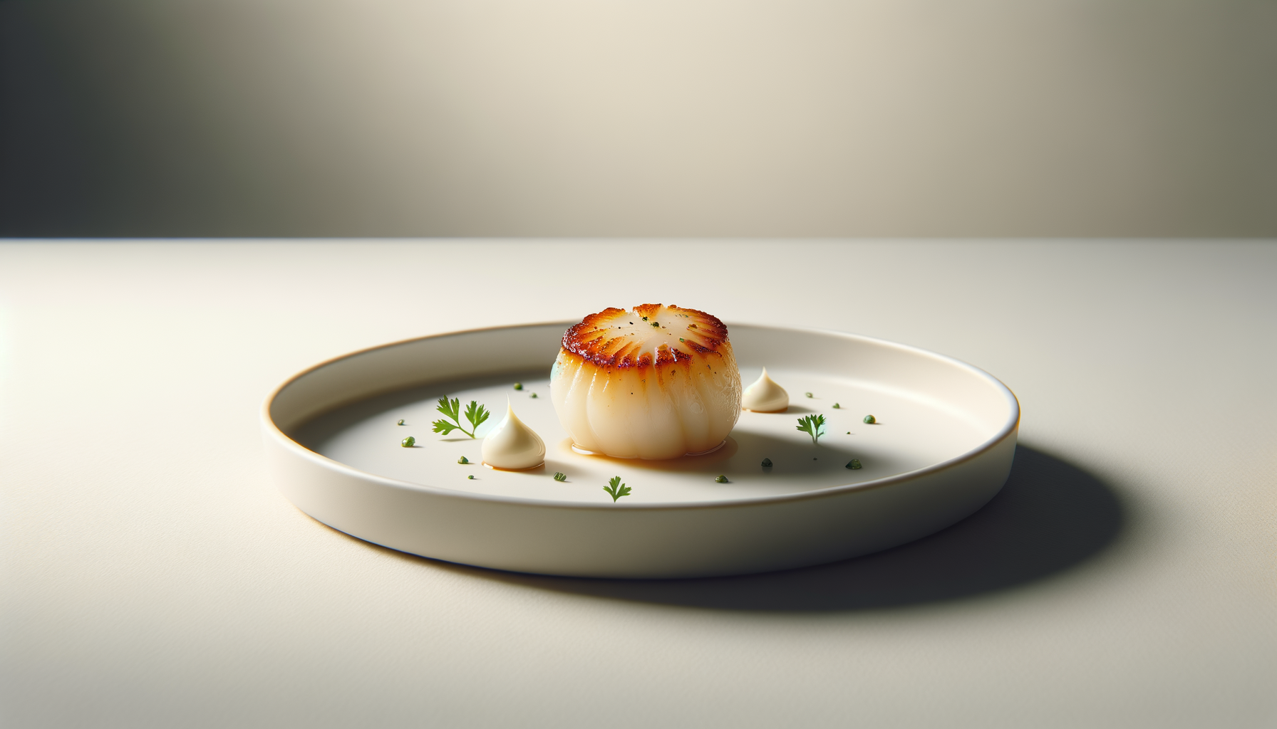 A roasted onion served on a white plate garnished with small dollops of sauce, parsley leaves, and peppercorns.
