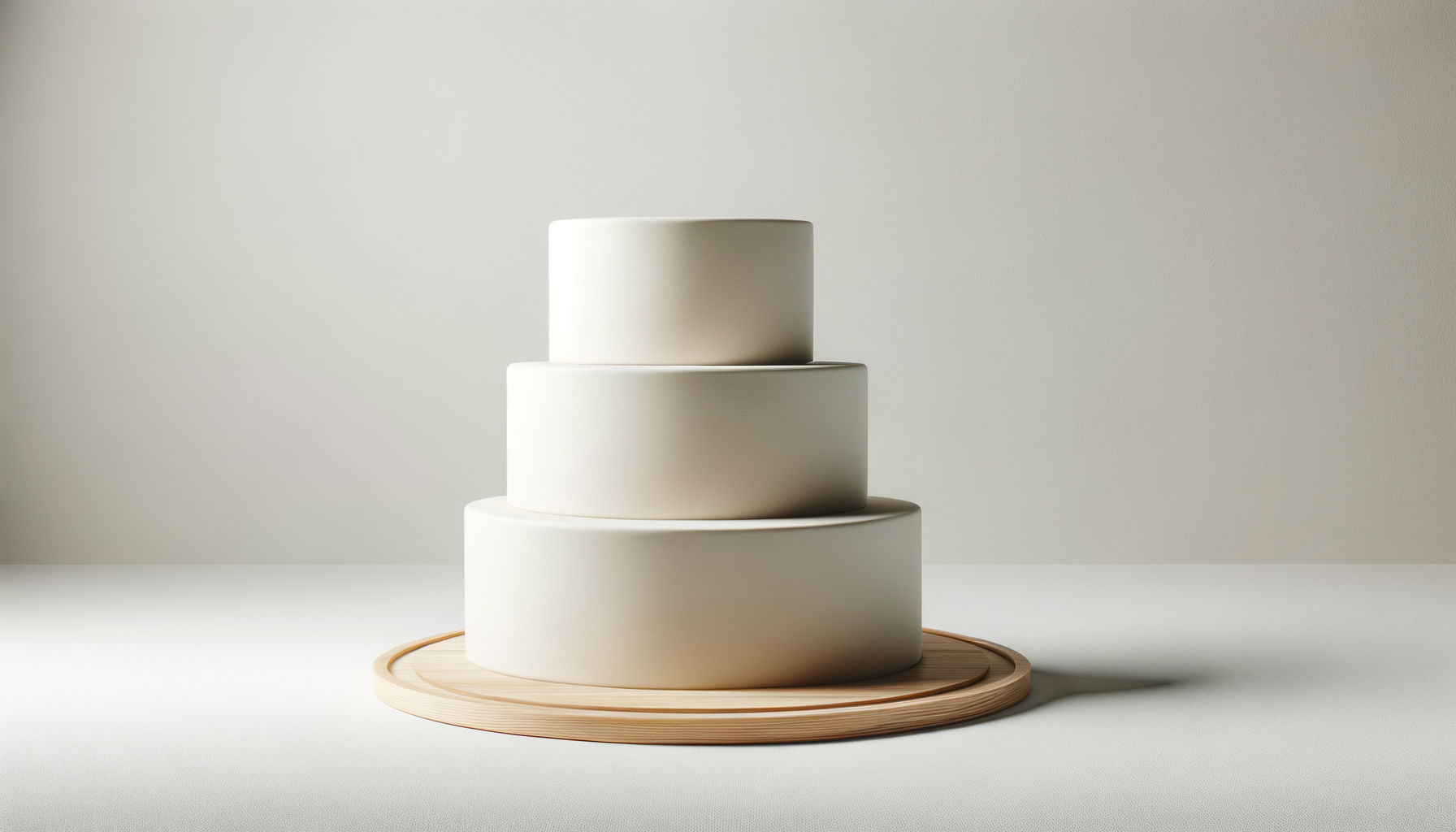 Three white round cakes stacked on a wooden serving platter, against a neutral background.