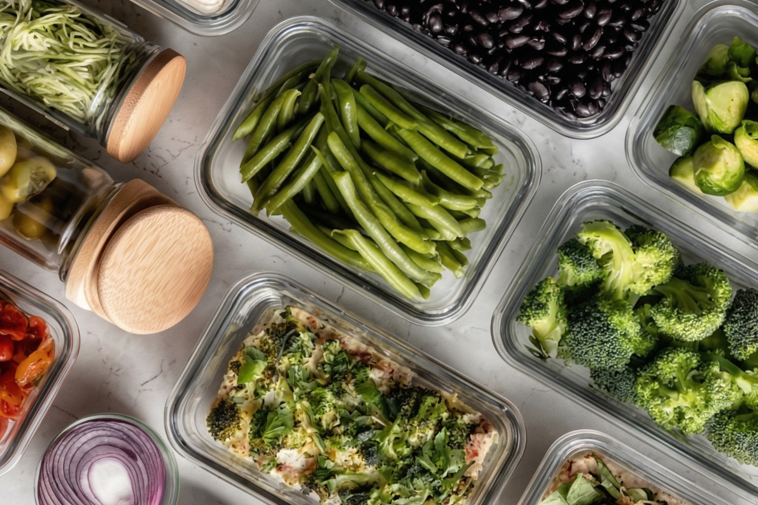 Assorted fresh vegetables including broccoli, Brussels sprouts, green beans, black beans, cherry tomatoes, sliced red onion, and a layered vegetable dish in glass containers. Several glass containers with wooden lids are also visible.