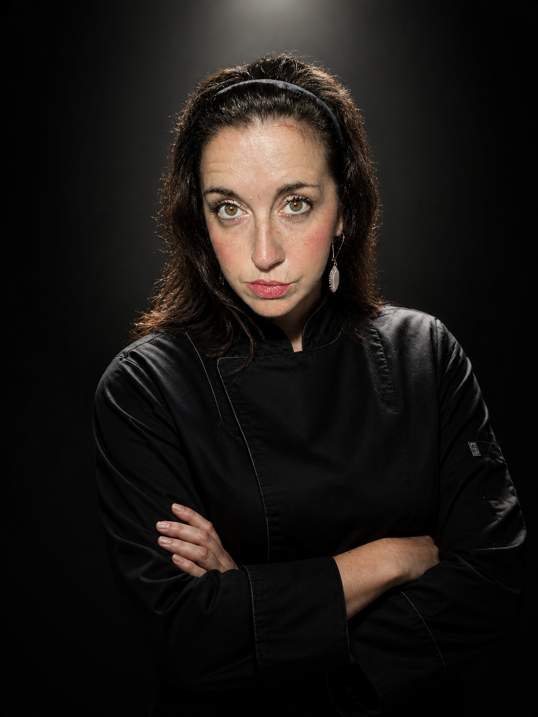 Portrait of a woman with brown hair wearing a black chef's coat and earring, standing against a dark background, with arms crossed.