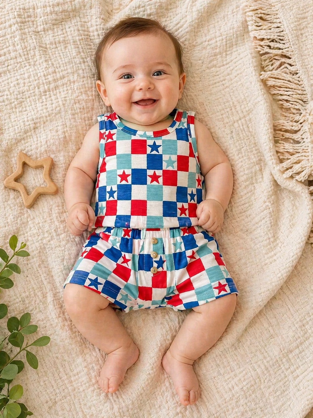 Red, White & Blue Checkerboard Organic Tank & Short Set | Baby Boy Summer Outfit (3–6 Months)