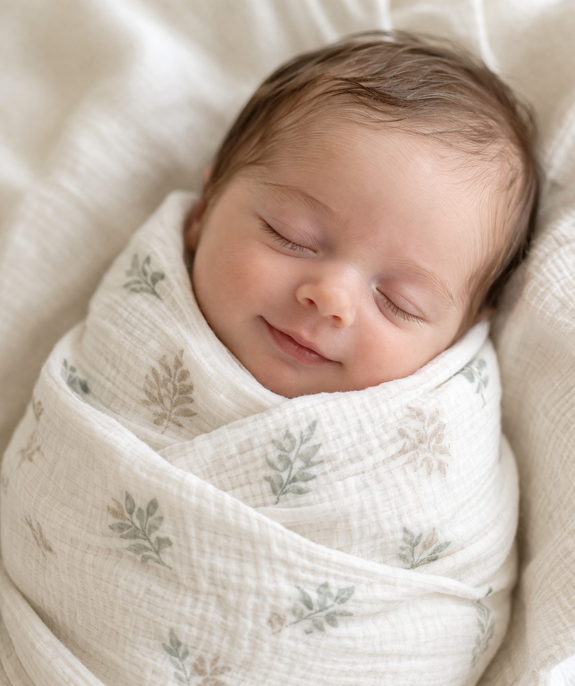 A sleeping baby wrapped in a white blanket with green leaf patterns, lying on a soft surface.