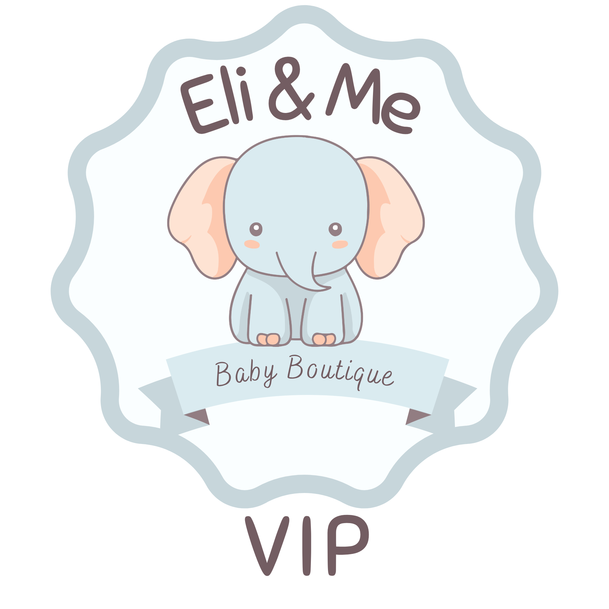 Cartoon of an elephant with large ears and a trunk, with text that says "Elie & Mo Baby Boutique VIP".