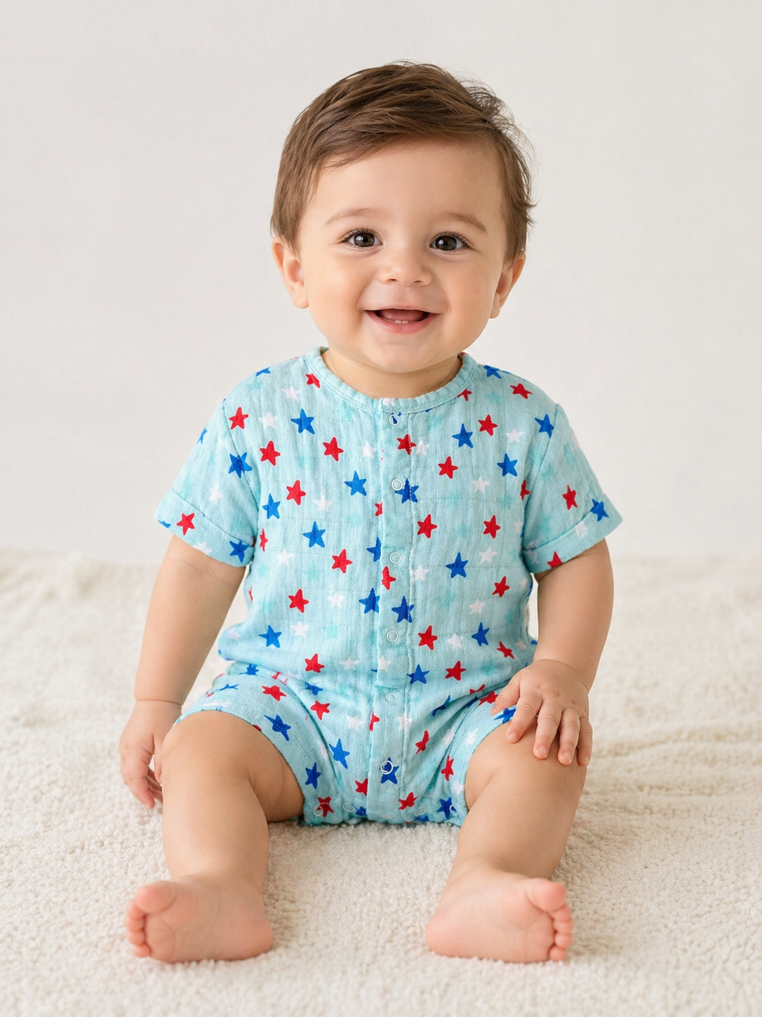 A smiling baby boy with brown hair, wearing a light blue romper with red, white, and blue stars, sitting on a beige carpet against a plain white background.