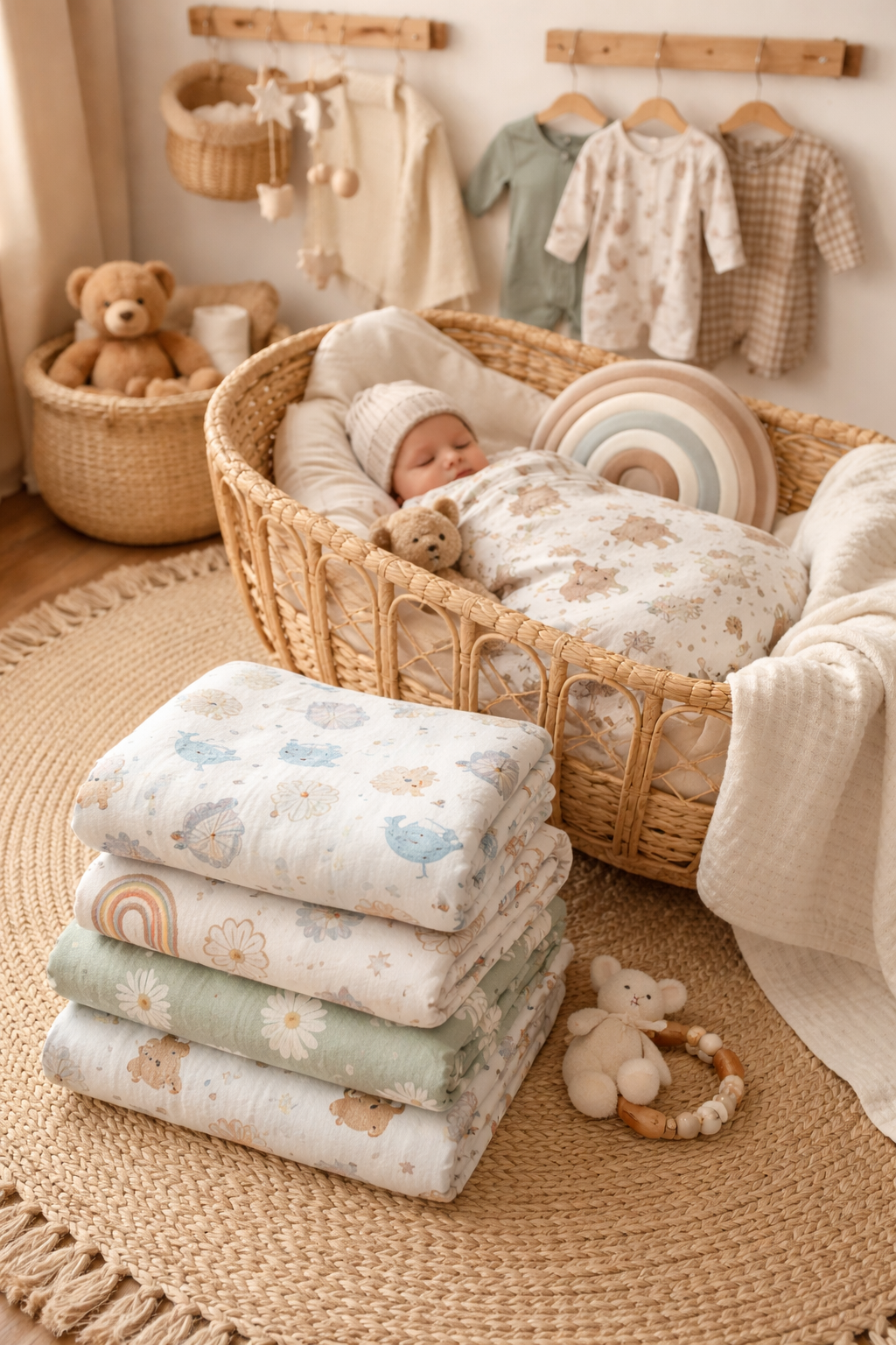 A baby sleeping in a woven bassinet with folded nursery blankets nearby, in a warmly decorated nursery with hanging baby clothes, stuffed animals, and a round rainbow pillow.