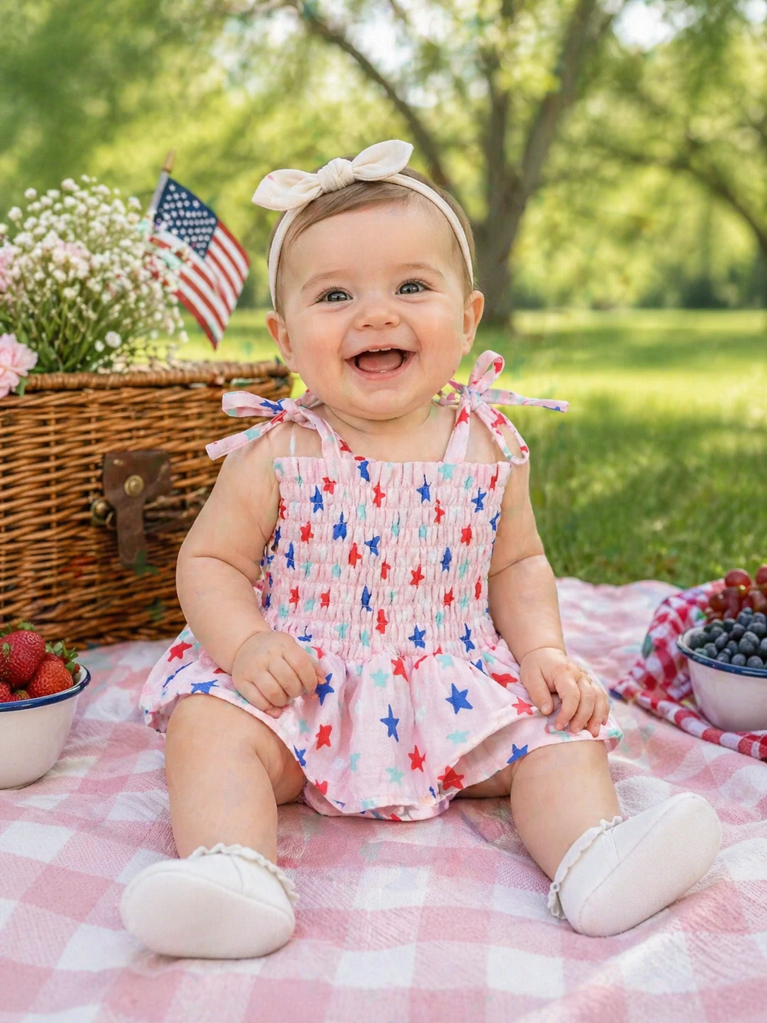 Smiling baby girl with a bow headband sitting on a picnic blanket outdoors, surrounded by berries and a basket with an American flag in the background.